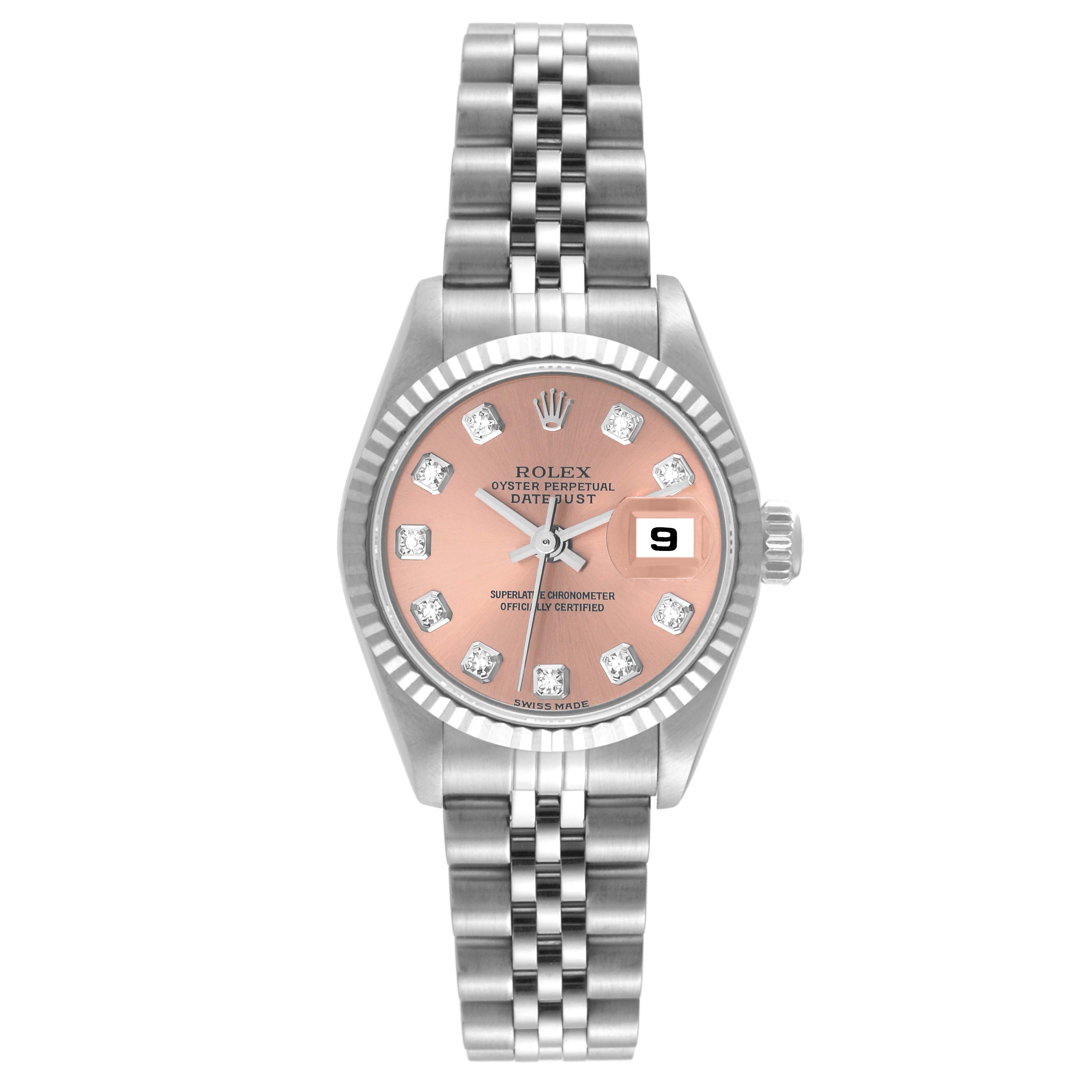 This is a front view of a Rolex Datejust 79174 Women's Stainless Steel Pink Dial 79174 Women's Stainless Steel Pink Dial watch showing the dial, bezel, bracelet, and date window.