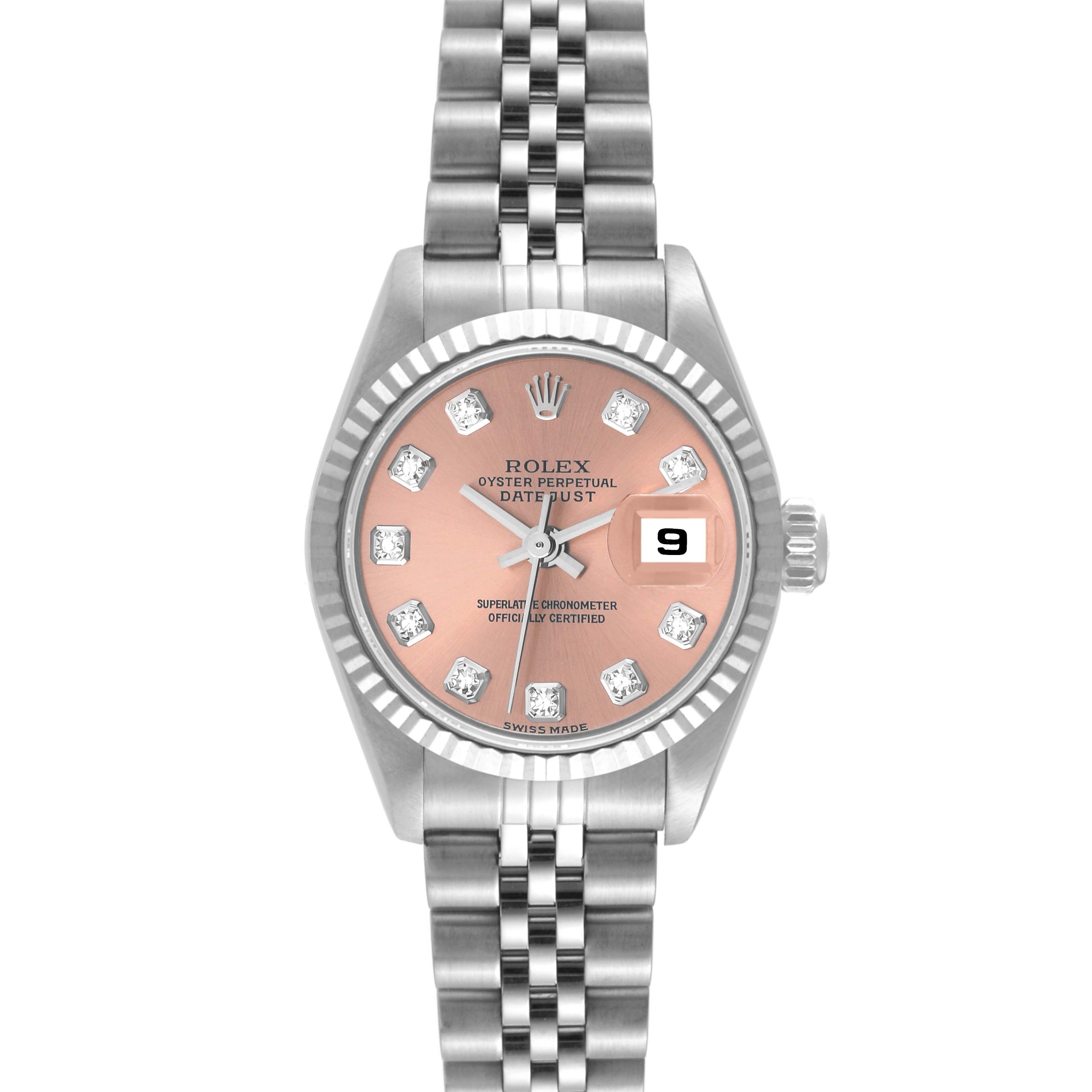 The Rolex Datejust 79174 Women's Stainless Steel Pink Dial 79174 Women's Stainless Steel Pink Dial watch is shown from a top-down angle, highlighting its dial, bezel, and bracelet.