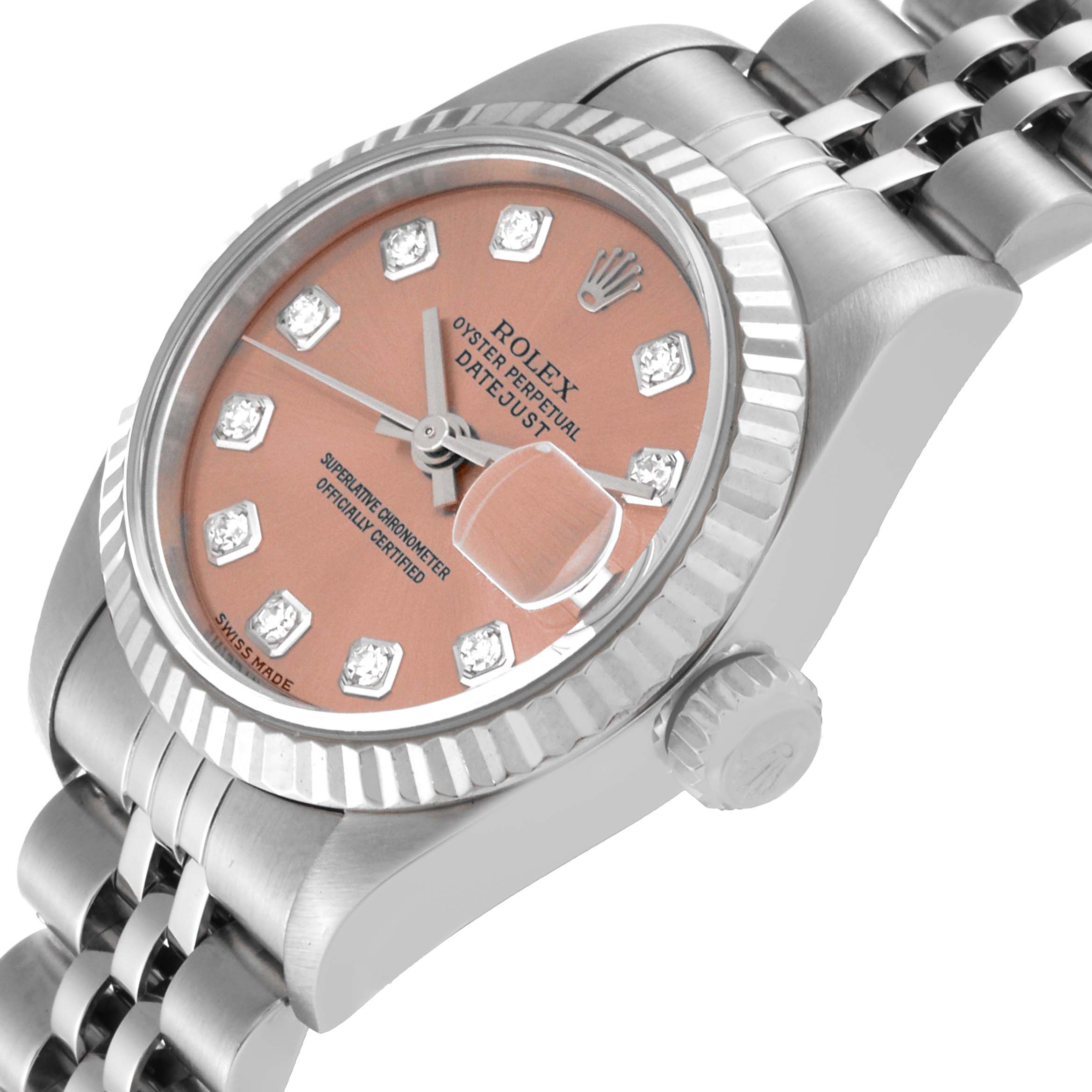 This image displays a Rolex Datejust 79174 Women's Stainless Steel Pink Dial 79174 Women's Stainless Steel Pink Dial model watch from a tilted side-angle, emphasizing the dial, bezel, and bracelet.