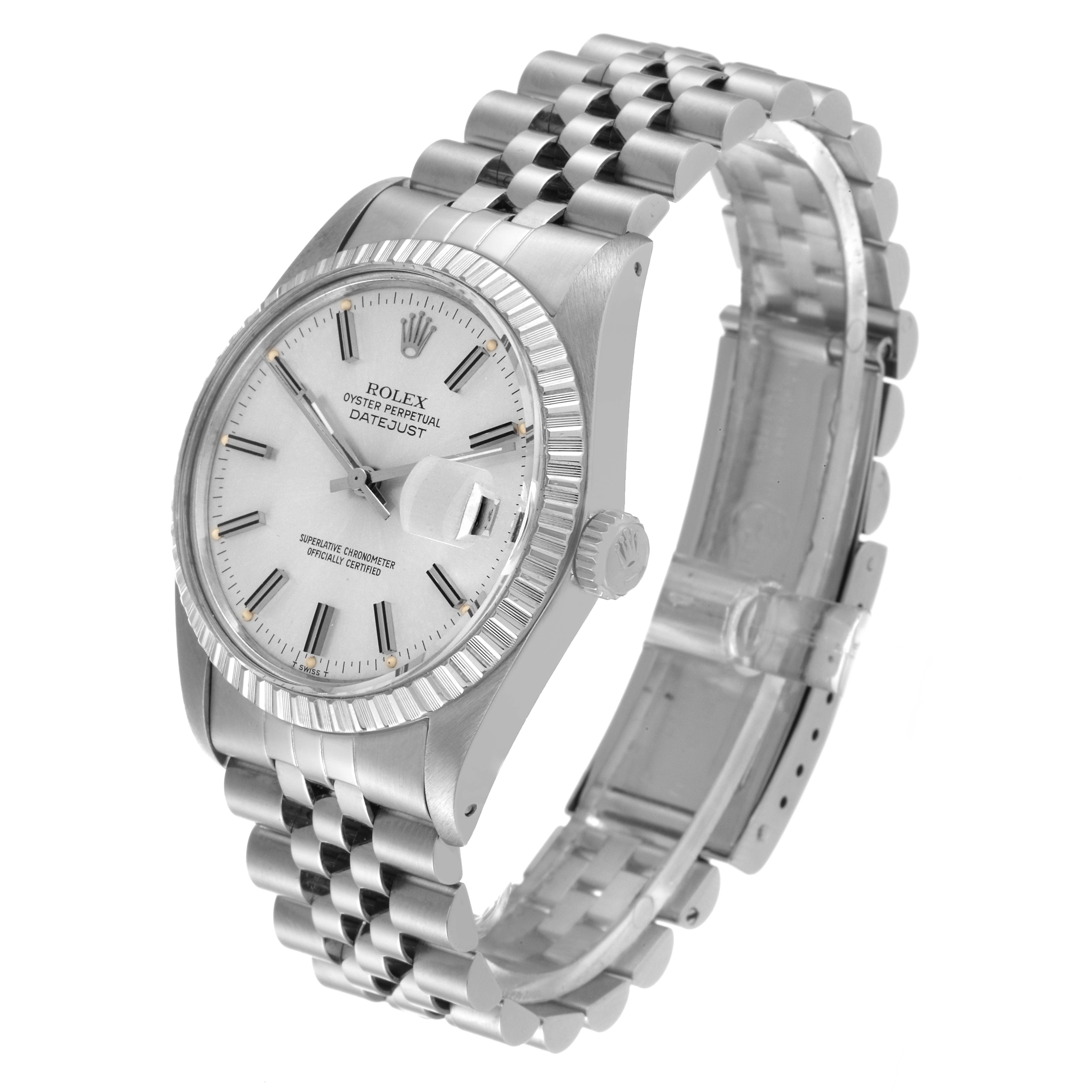 The Rolex Datejust 16030 Men's Stainless Steel Silver Dial 16030 Men's Stainless Steel Silver Dial watch is shown at an angled view, displaying the dial, fluted bezel, and Jubilee bracelet.
