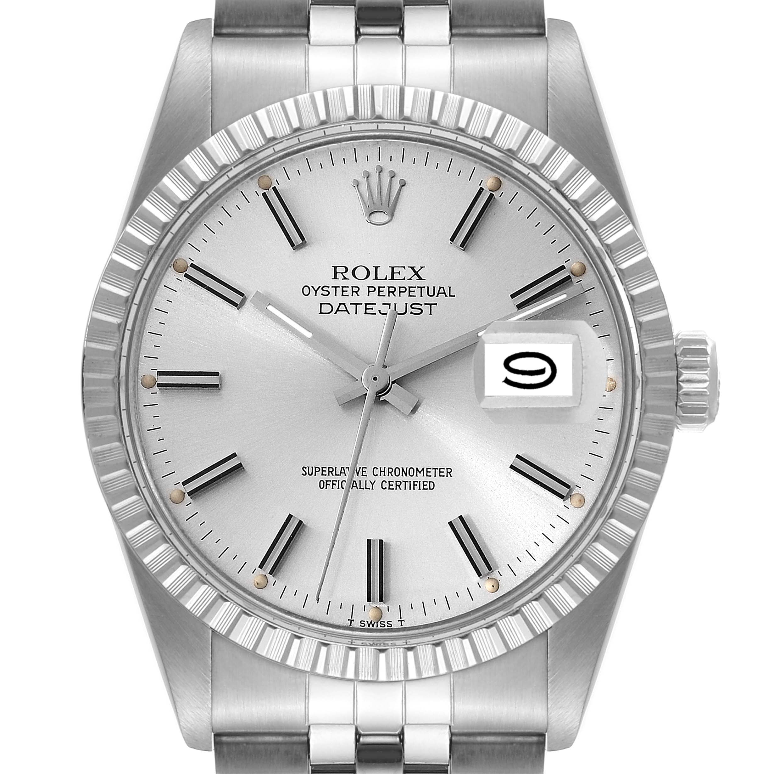 The image shows a front view of a Rolex Datejust 16030 Men's Stainless Steel Silver Dial 16030 Men's Stainless Steel Silver Dial watch, highlighting its face, bezel, crown, and part of the bracelet.