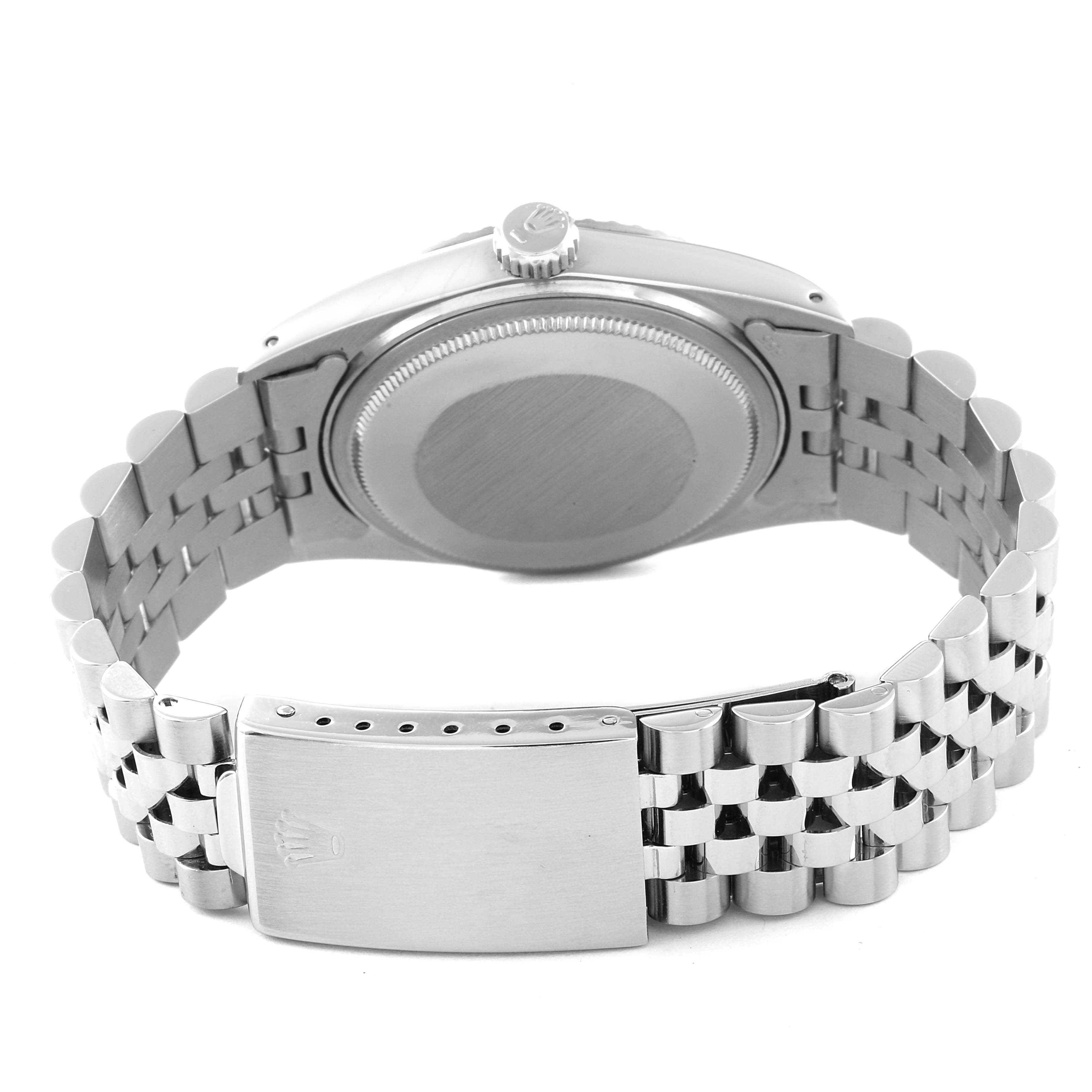 This image shows the back view of the Rolex Datejust 16030 Men's Stainless Steel Silver Dial 16030 Men's Stainless Steel Silver Dial watch, focusing on the case back, crown, and Jubilee bracelet with clasp.