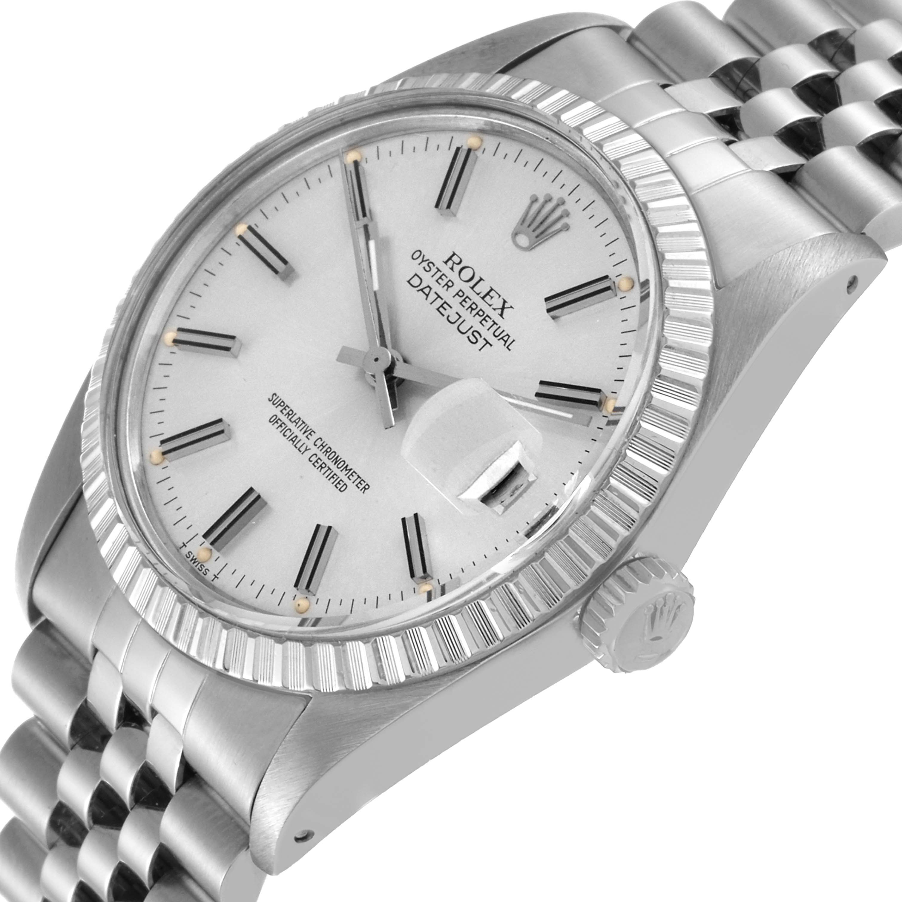 The image shows a close-up of the Rolex Datejust 16030 Men's Stainless Steel Silver Dial 16030 Men's Stainless Steel Silver Dial watch from an angled view, displaying the dial, bezel, crown, and part of the bracelet.