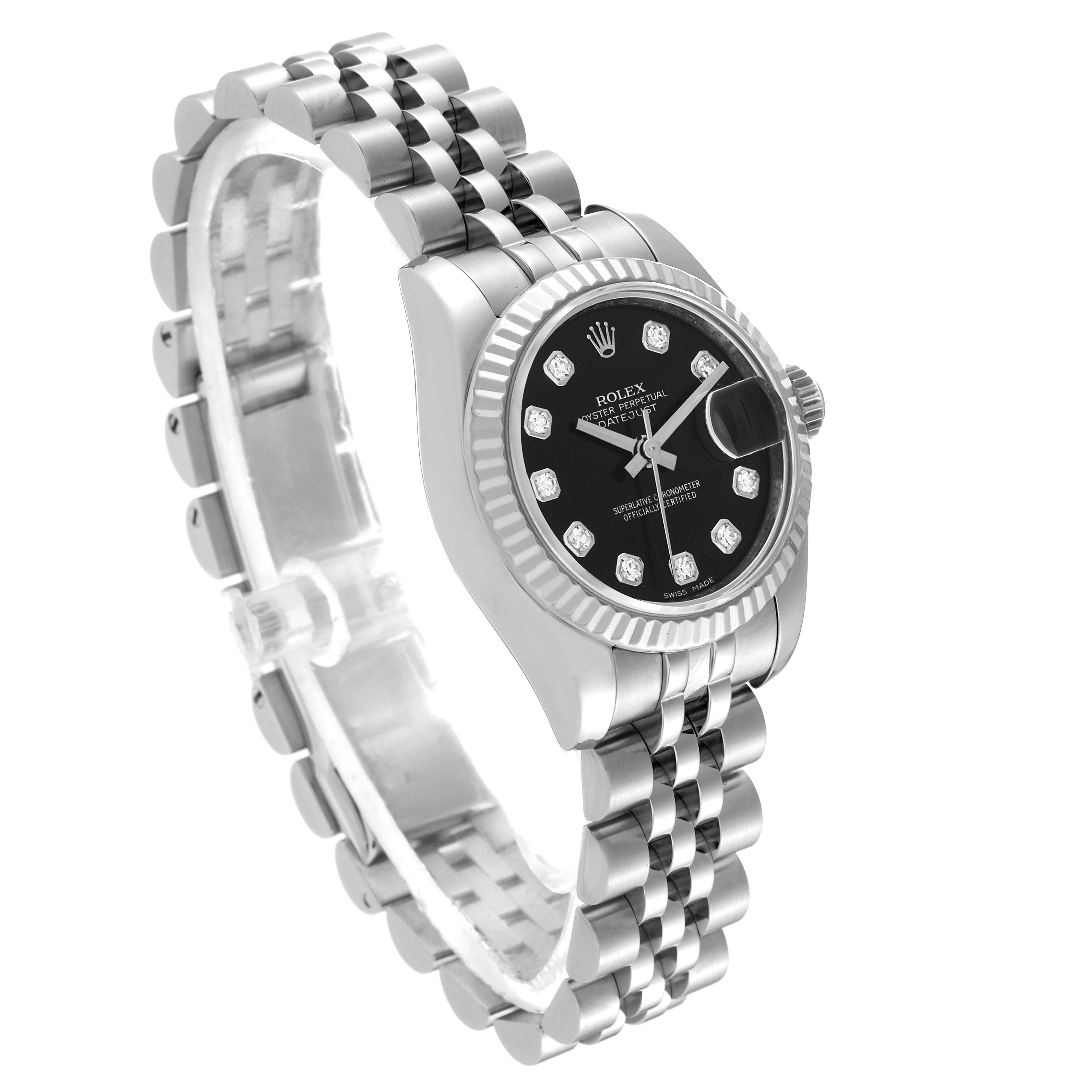 The Rolex Datejust 179174 Women's Stainless Steel Black Dial 179174 Women's Stainless Steel Black Dial watch is shown at a slight angle, displaying its face, bezel, and jubilee bracelet.