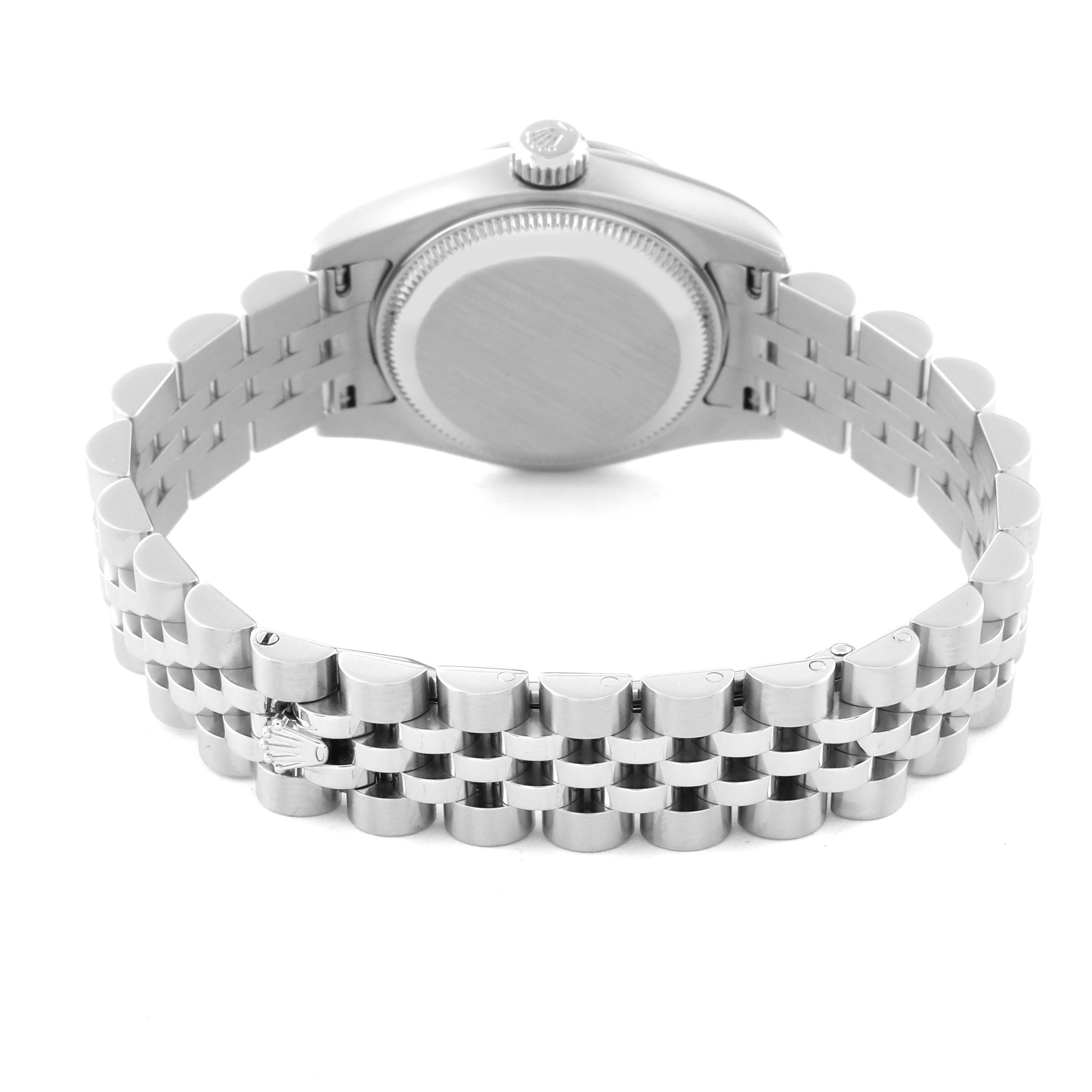 The image shows the back view of a Rolex Datejust 179174 Women's Stainless Steel Black Dial 179174 Women's Stainless Steel Black Dial watch, highlighting the case back and metal bracelet.