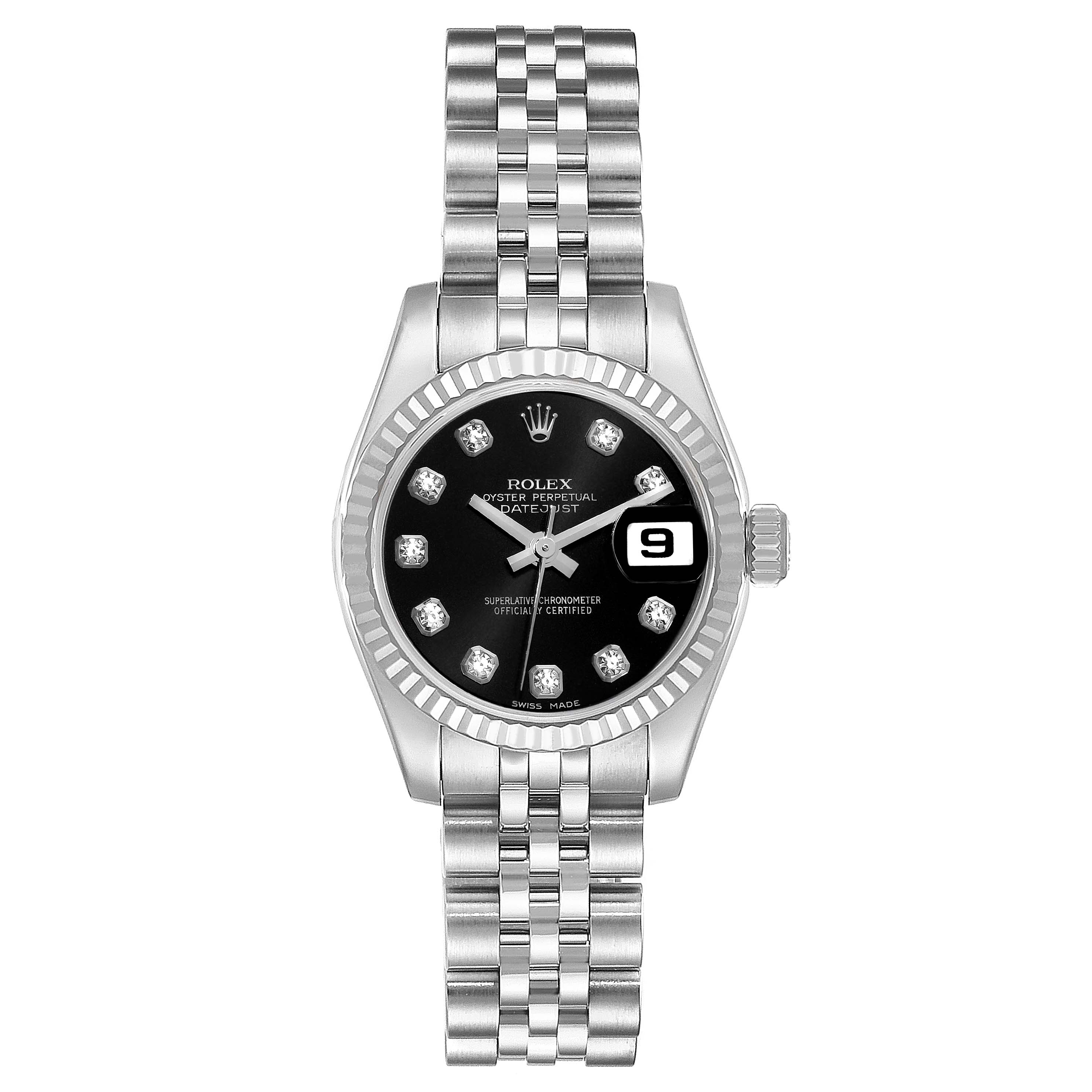 This is a front-facing view of a Rolex Datejust 179174 Women's Stainless Steel Black Dial 179174 Women's Stainless Steel Black Dial watch, showing the dial, bezel, bracelet, and date window.