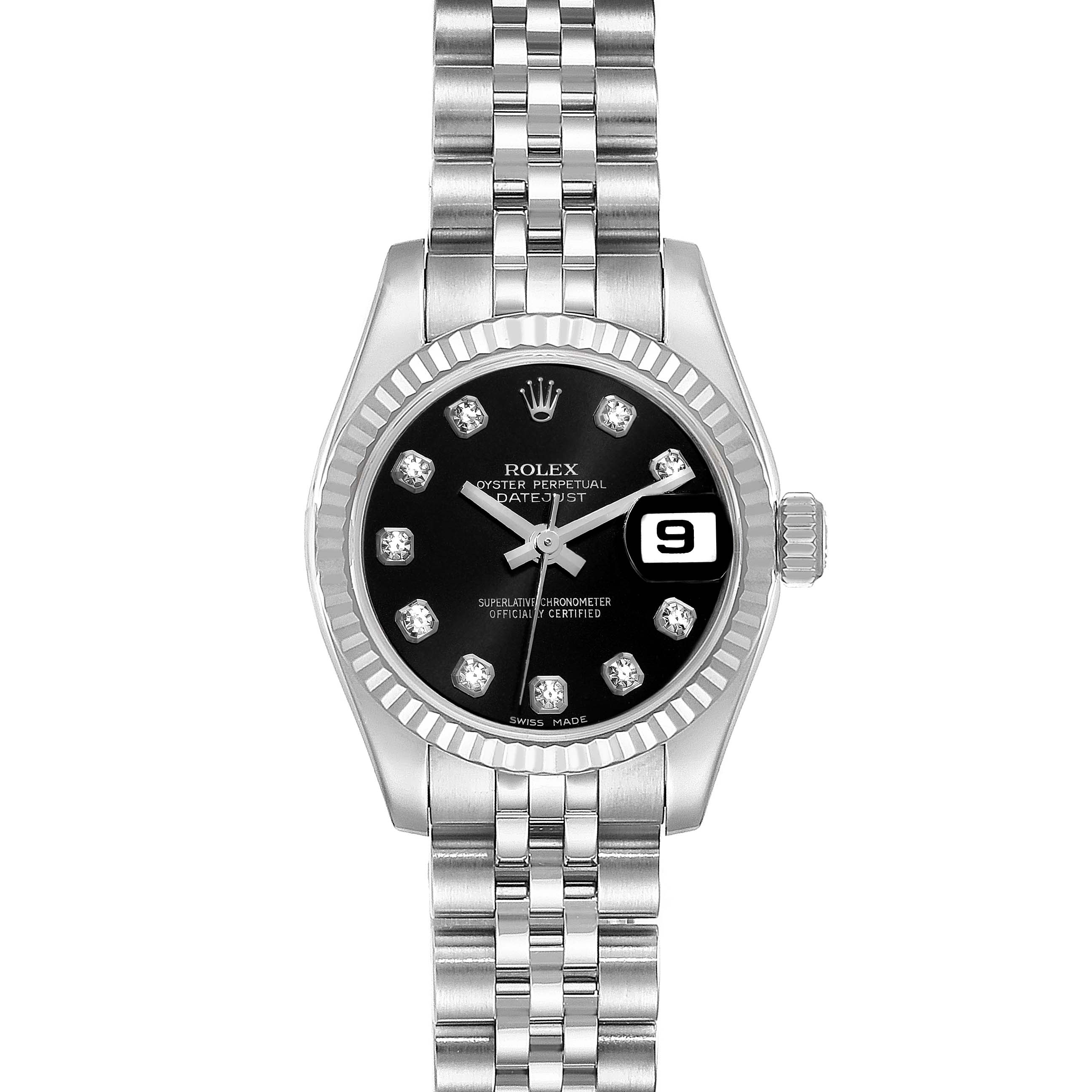 The image shows a full front view of a Rolex Datejust 179174 Women's Stainless Steel Black Dial 179174 Women's Stainless Steel Black Dial watch, highlighting its dial, bracelet, and fluted bezel.