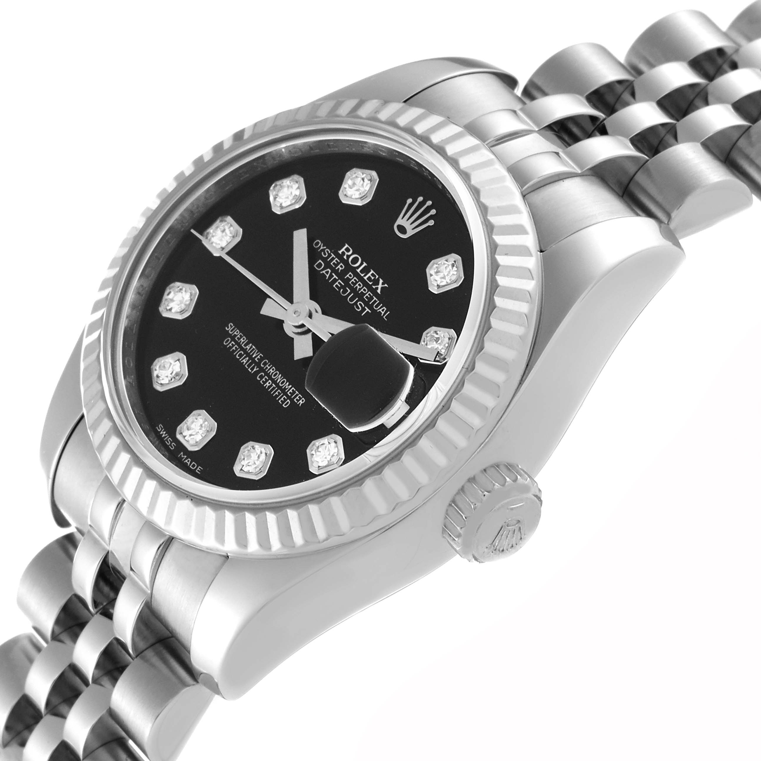 The image shows a Rolex Datejust 179174 Women's Stainless Steel Black Dial 179174 Women's Stainless Steel Black Dial watch at an angled side view, highlighting the dial, bezel, crown, and part of the bracelet.