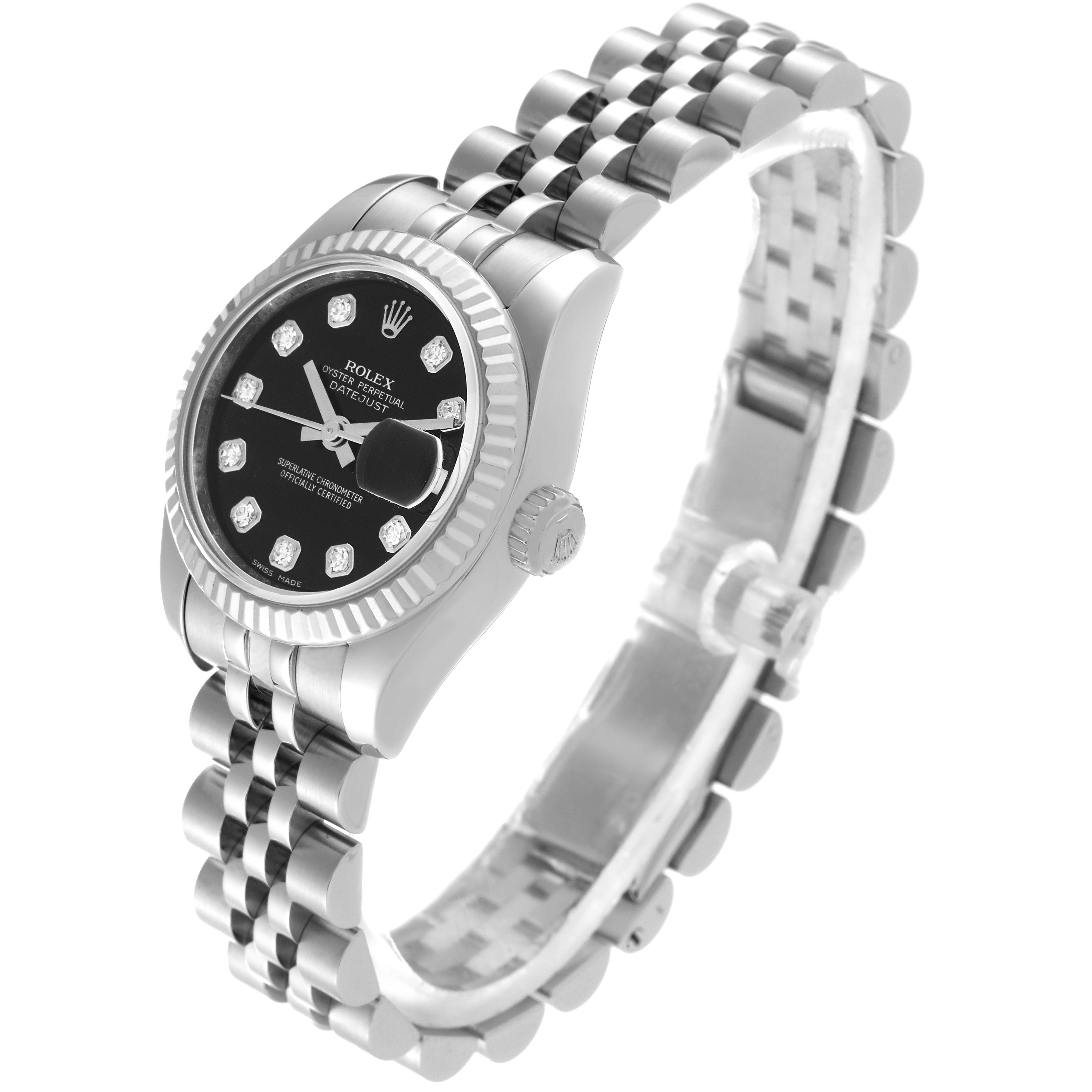 This image shows a side angle of a Rolex Datejust 179174 Women's Stainless Steel Black Dial 179174 Women's Stainless Steel Black Dial watch, featuring its black dial, fluted bezel, crown, and jubilee bracelet.