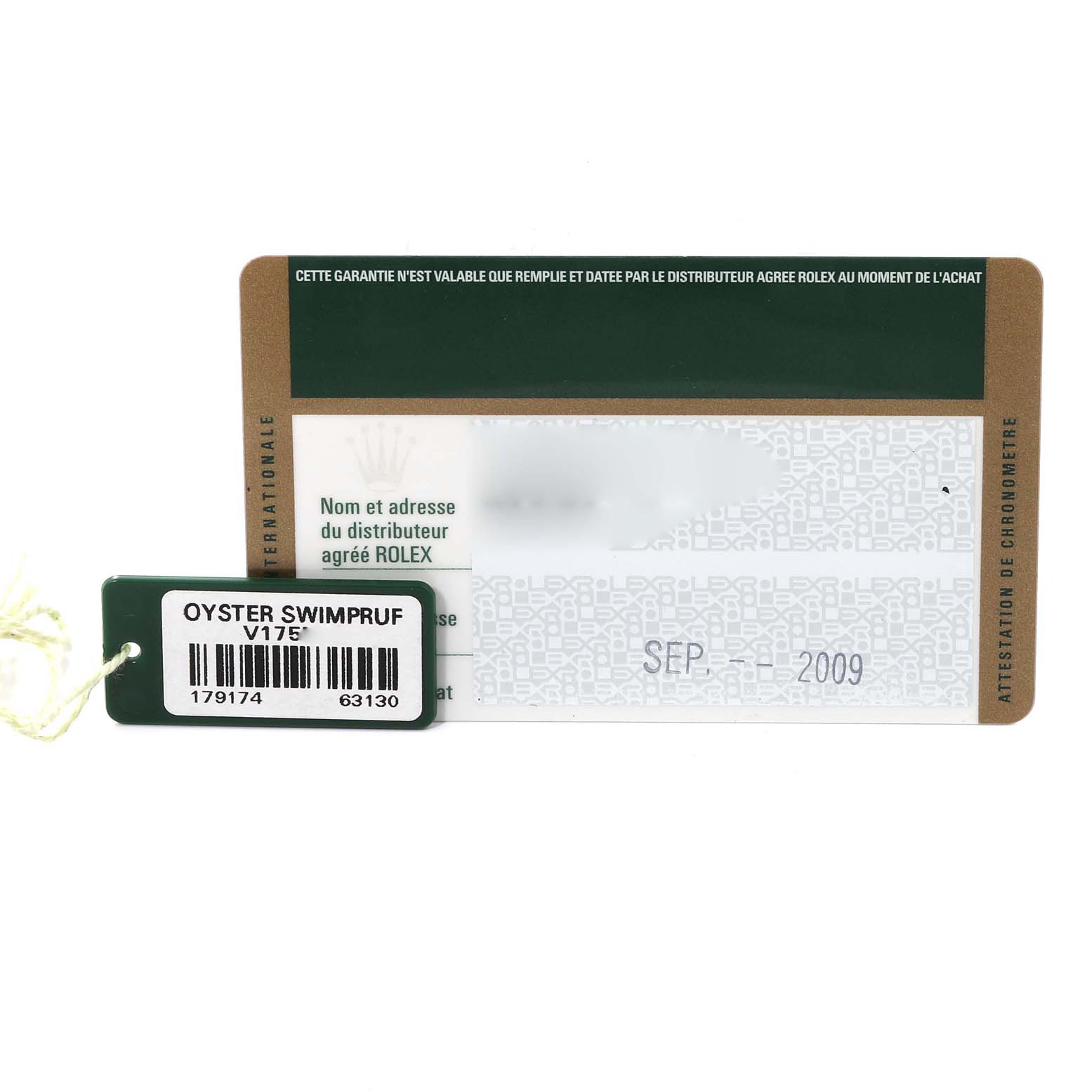 The image shows a warranty card and hang tag for a Rolex Datejust 179174 Women's Stainless Steel Black Dial 179174 Women's Stainless Steel Black Dial model, featuring the "Oyster Swimpruf" tag.