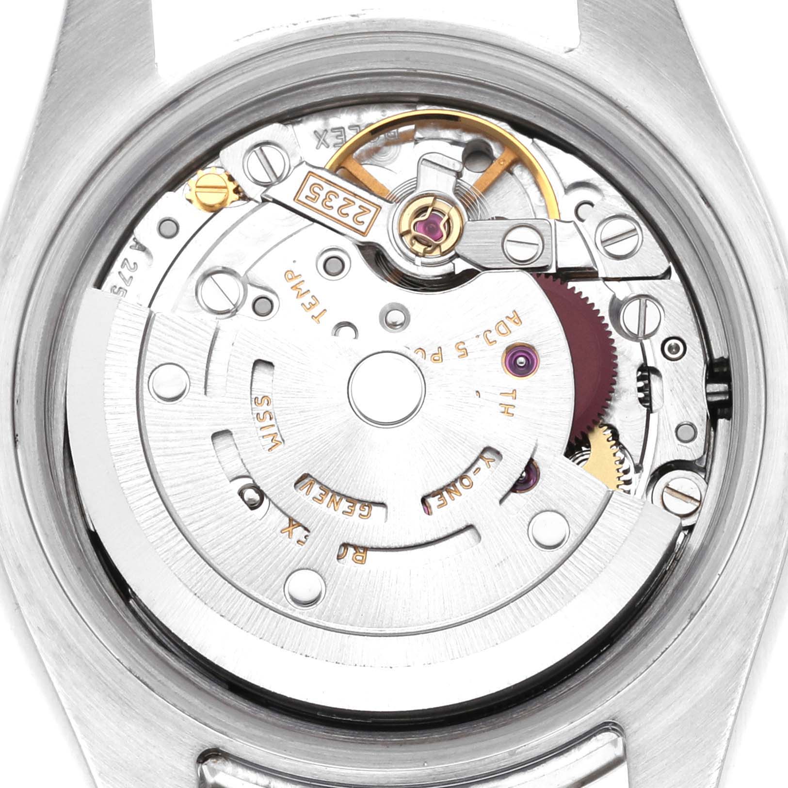 This image shows the internal movement and components of a Rolex Datejust 179174 Women's Stainless Steel Black Dial 179174 Women's Stainless Steel Black Dial watch from a top-down view.