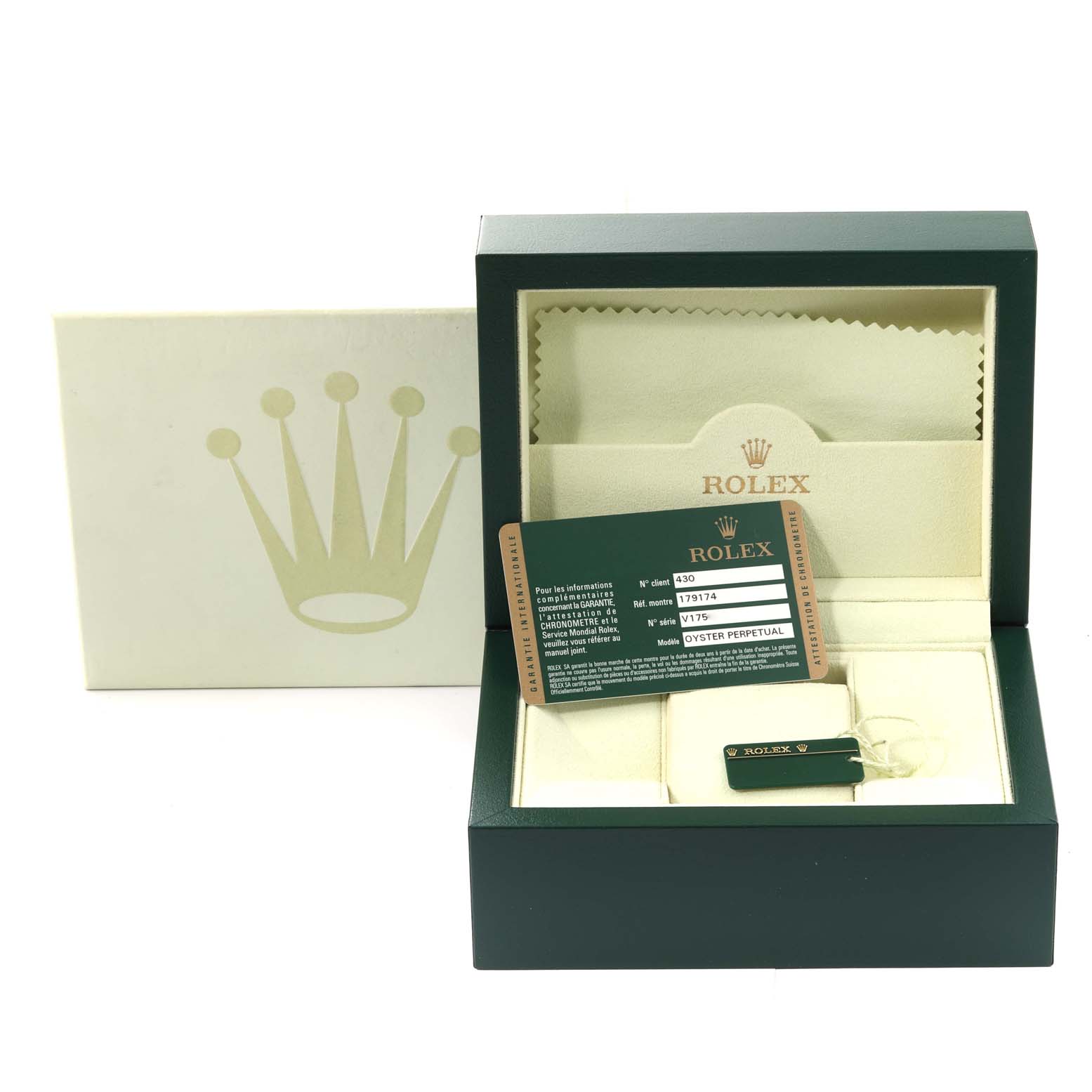 This image displays the Rolex Datejust 179174 Women's Stainless Steel Black Dial 179174 Women's Stainless Steel Black Dial watch box, warranty card, and hang tag from a front angle.