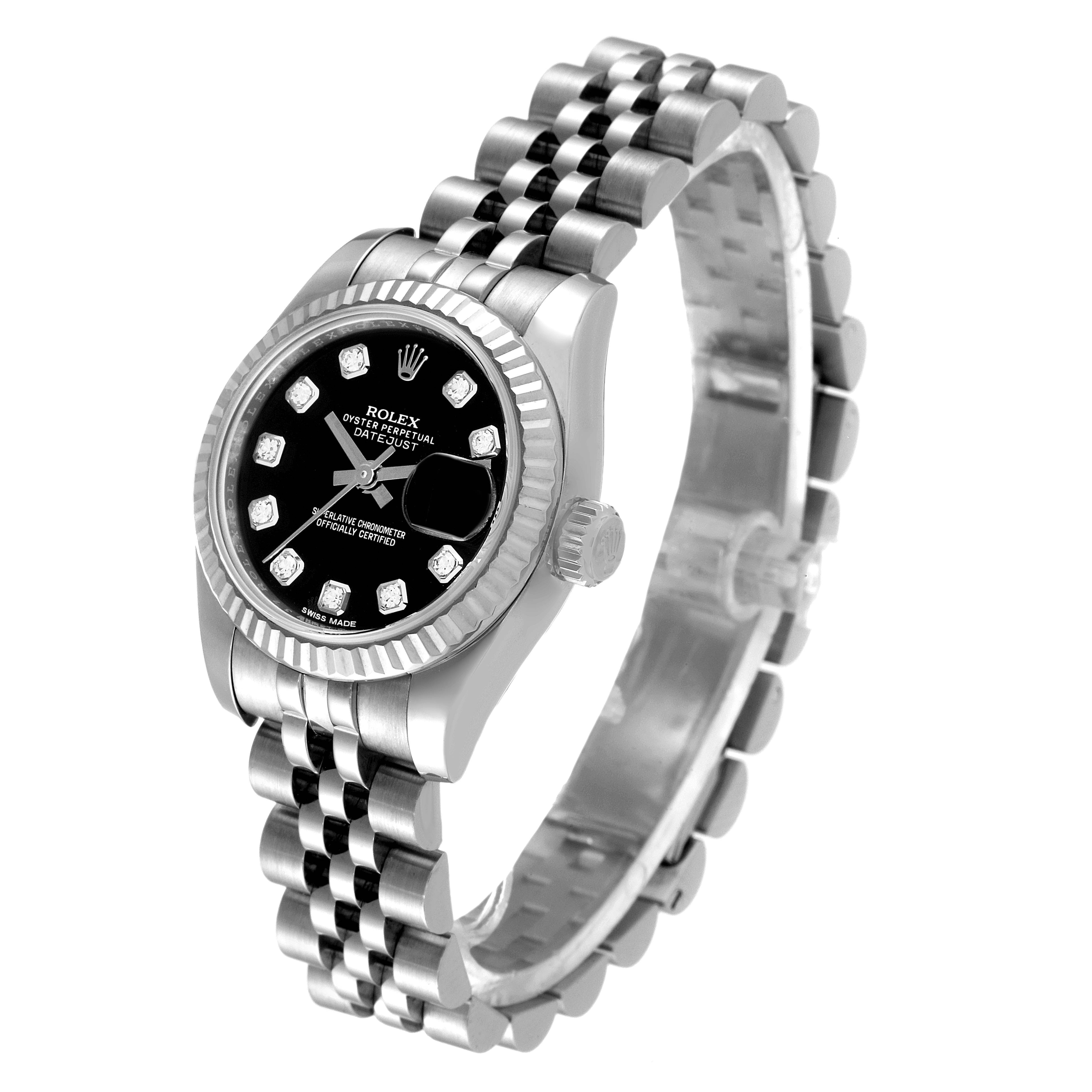 The Rolex Datejust 179174 Women's Stainless Steel Black Dial 179174 Women's Stainless Steel Black Dial watch is shown from an angled perspective, highlighting the dial, bezel, crown, and bracelet.