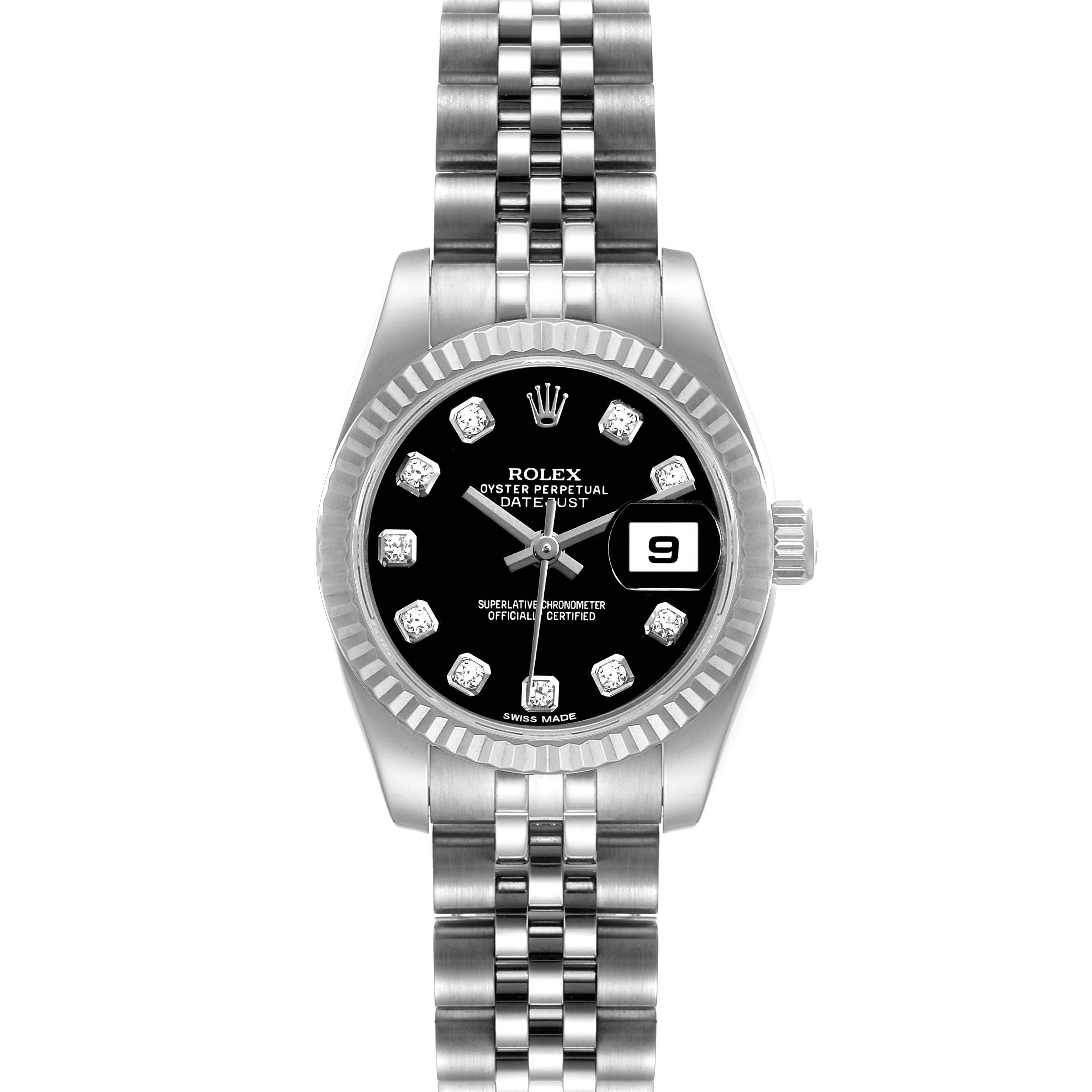 The image shows a front view of a Rolex Datejust 179174 Women's Stainless Steel Black Dial 179174 Women's Stainless Steel Black Dial watch with a black dial, diamond hour markers, date display, and metal bracelet.