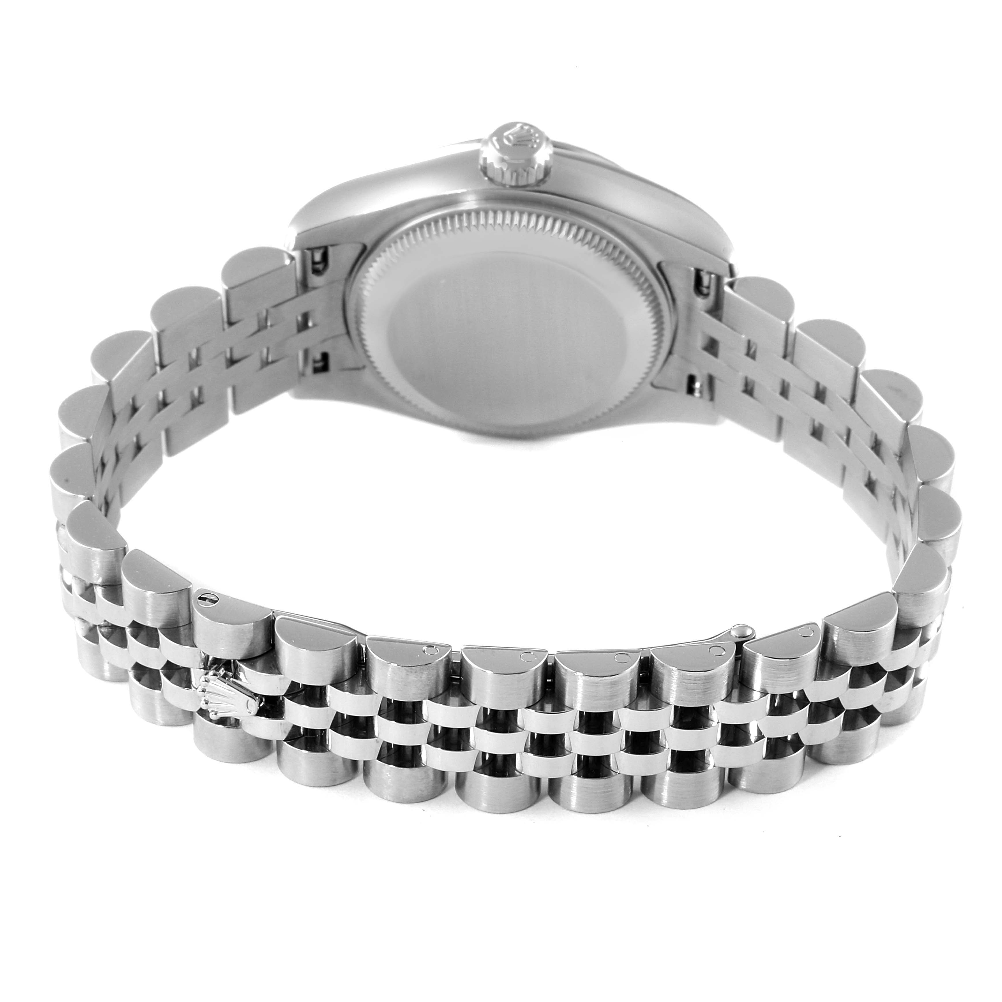 The image shows the back and bracelet of a Rolex Datejust 179174 Women's Stainless Steel Black Dial 179174 Women's Stainless Steel Black Dial model watch, highlighting the clasp and links.