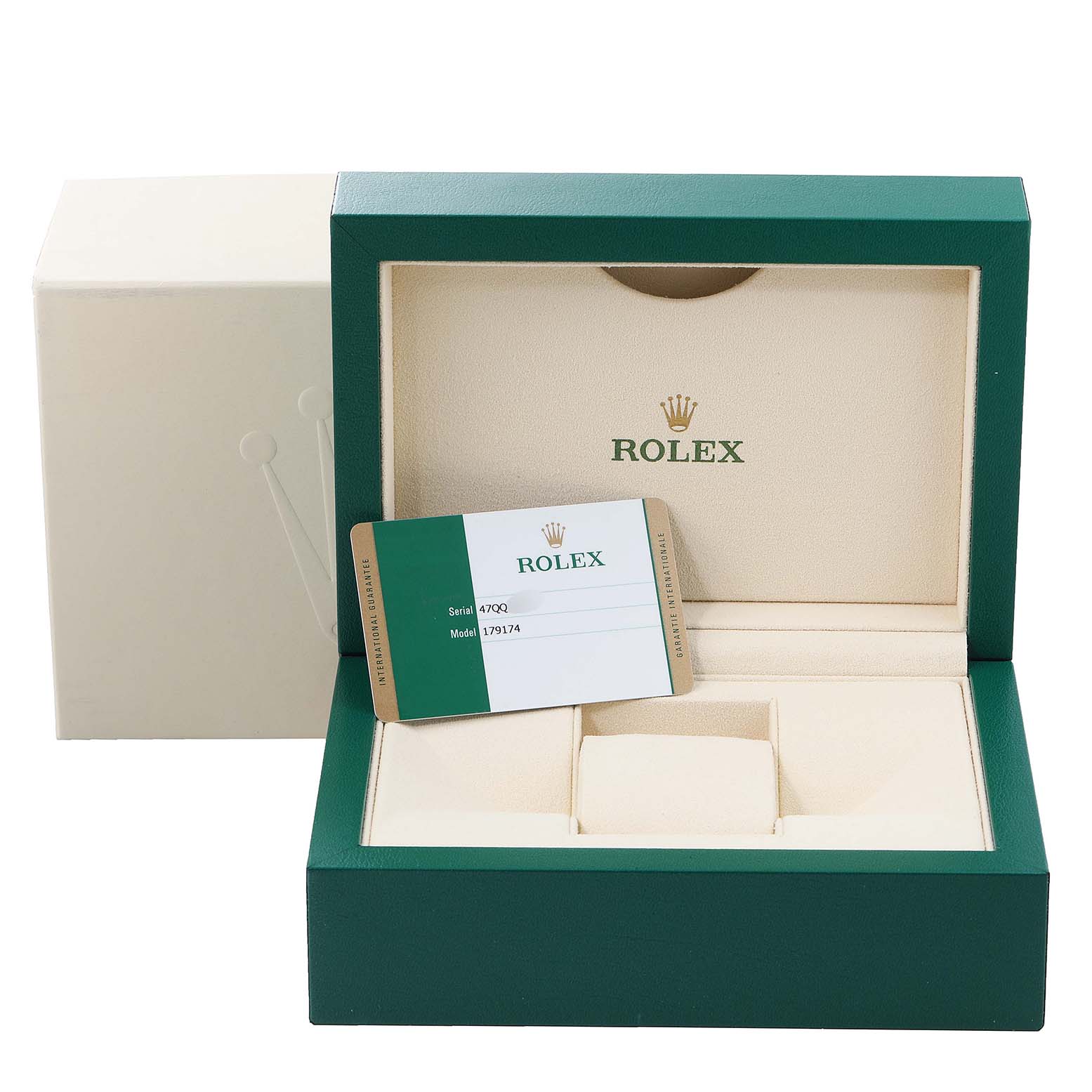 The image shows an open Rolex Datejust 179174 Women's Stainless Steel Black Dial 179174 Women's Stainless Steel Black Dial watch box and warranty card at a front angle.