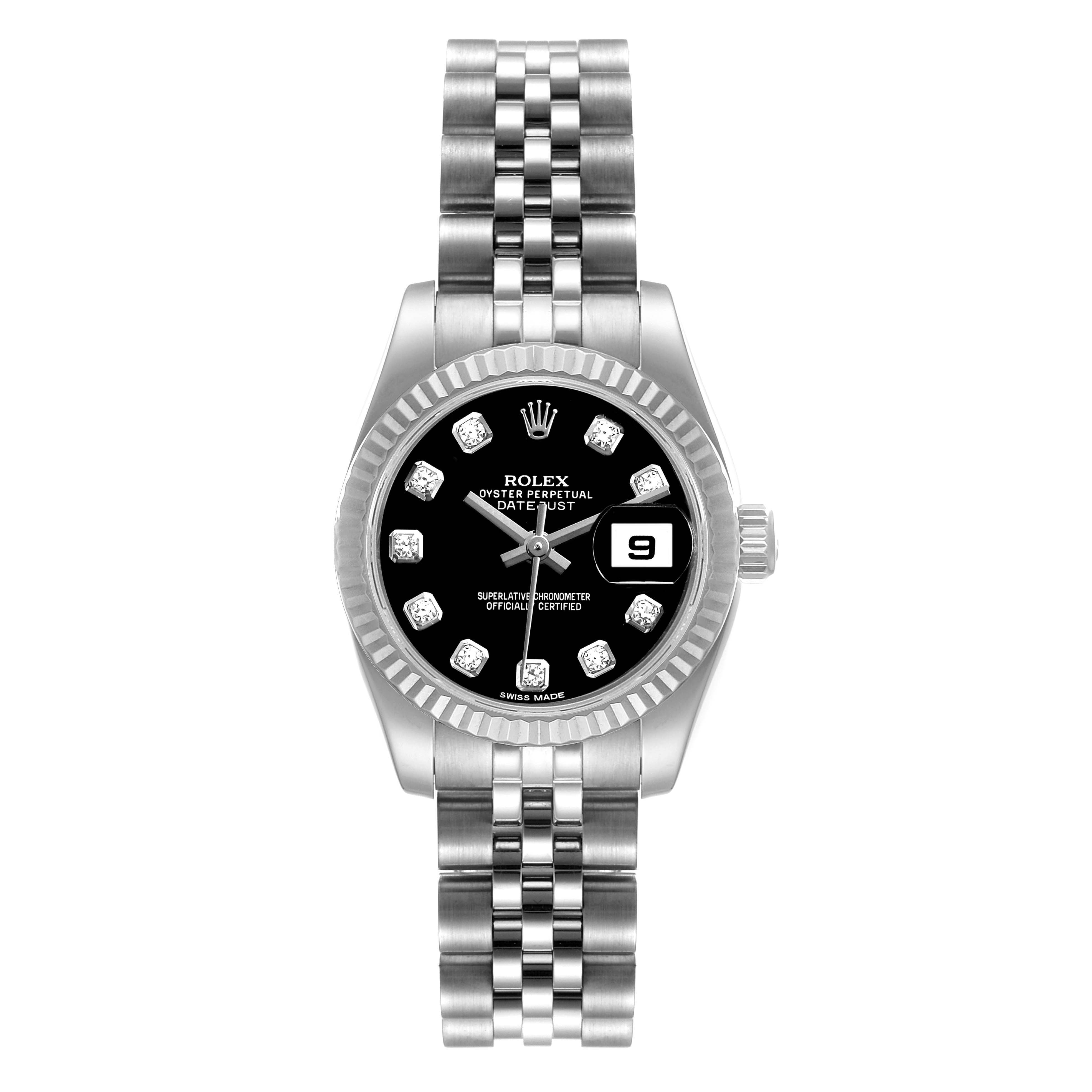This image shows a Rolex Datejust 179174 Women's Stainless Steel Black Dial 179174 Women's Stainless Steel Black Dial watch, front view, displaying the dial, bezel, and bracelet.