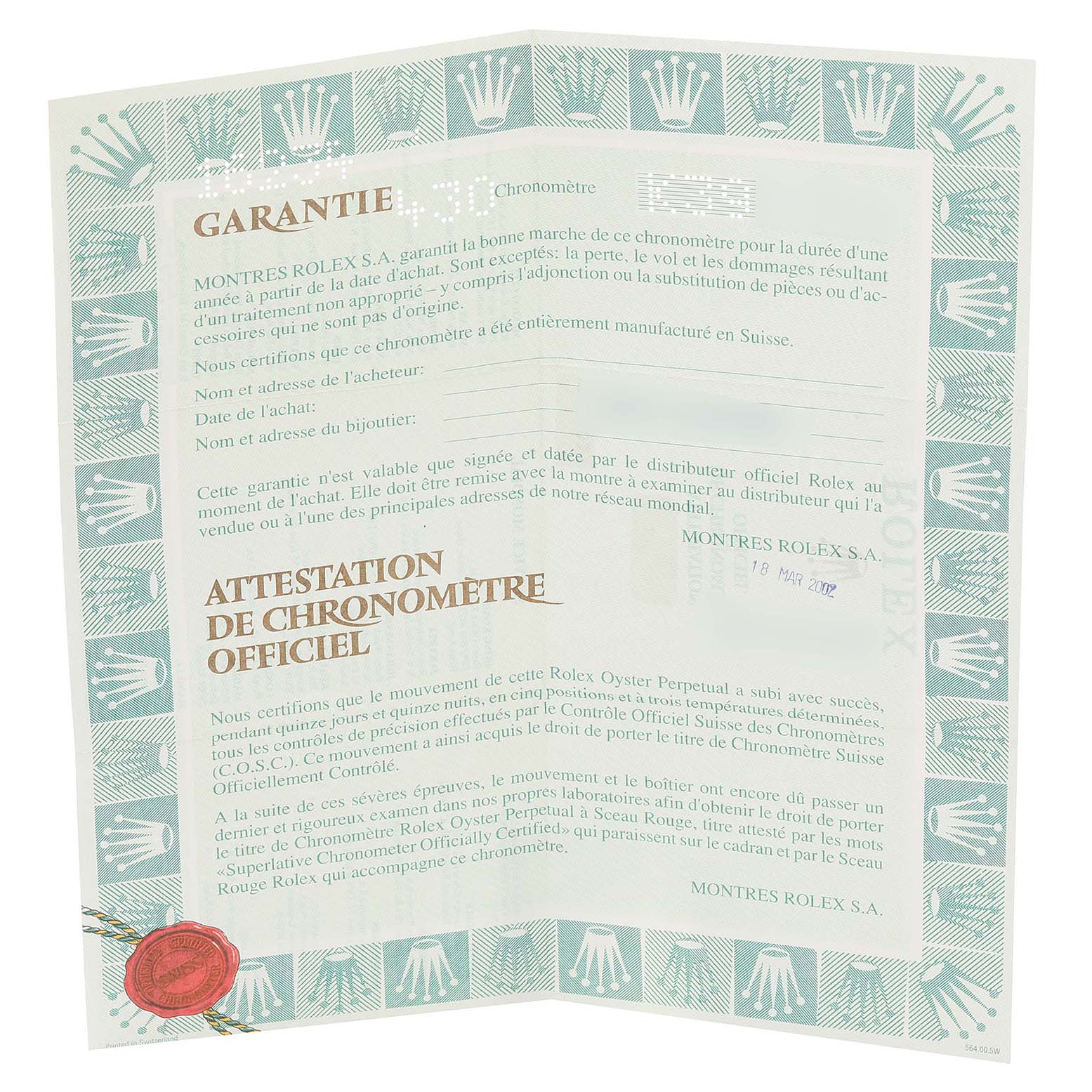 This image shows the warranty card and chronometer certification for a Rolex Datejust 16234 Men's Stainless Steel White Dial 16234 Men's Stainless Steel White Dial watch.