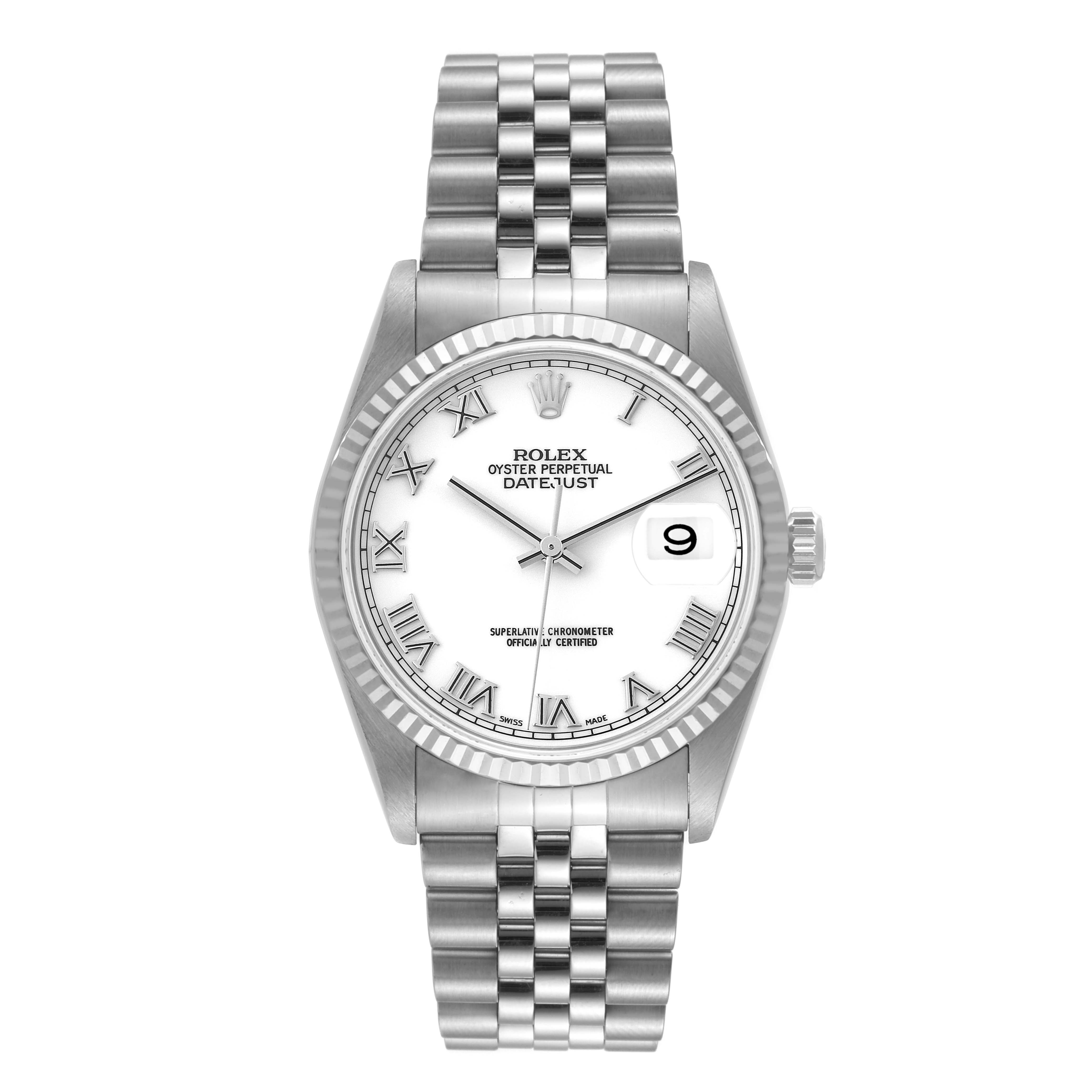 This Rolex Datejust 16234 Men's Stainless Steel White Dial 16234 Men's Stainless Steel White Dial watch is shown from the front, displaying the white dial, Roman numerals, date window, and stainless steel bracelet.