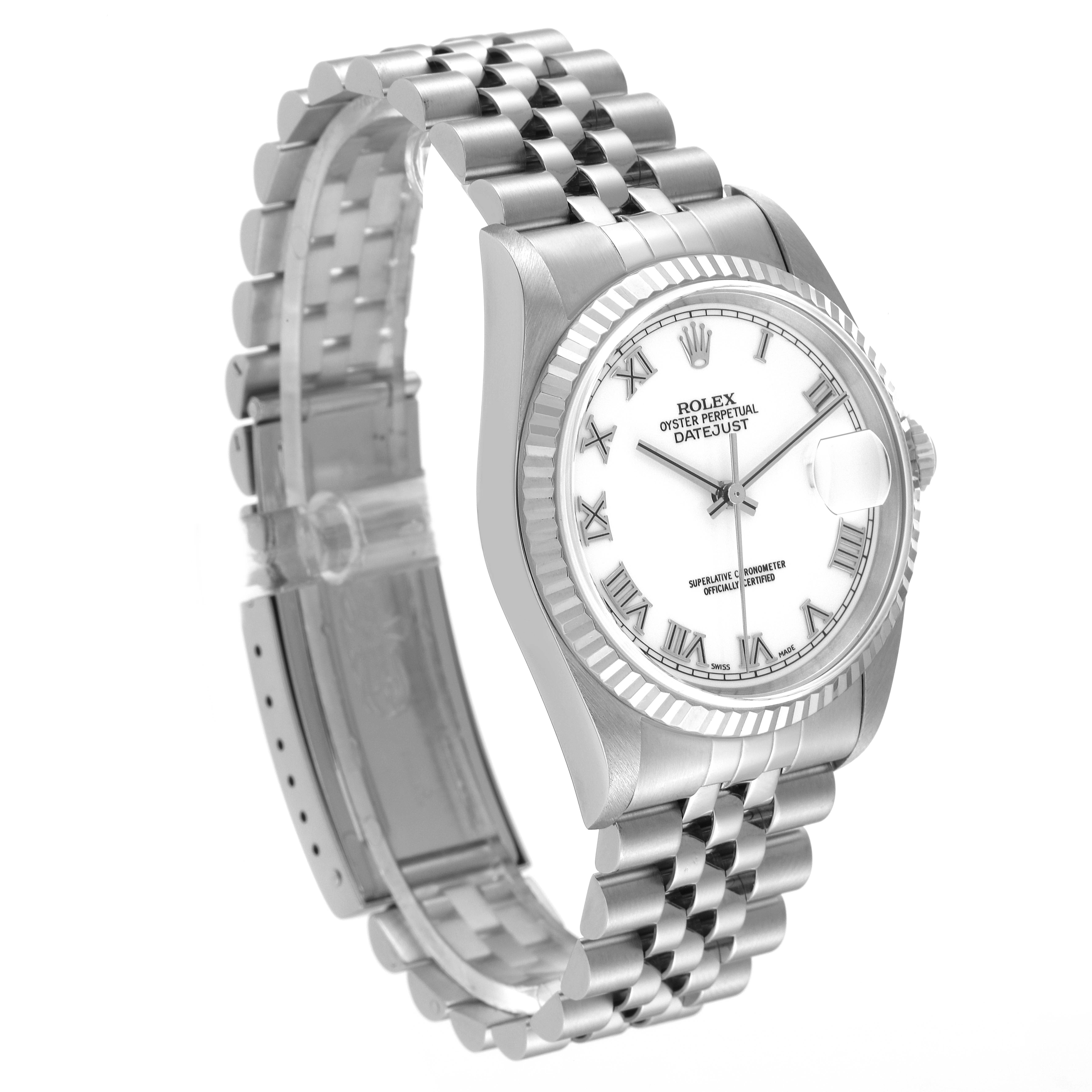 The image shows a Rolex Datejust 16234 Men's Stainless Steel White Dial 16234 Men's Stainless Steel White Dial watch at a three-quarter angle, displaying the face, bracelet, and part of the clasp.