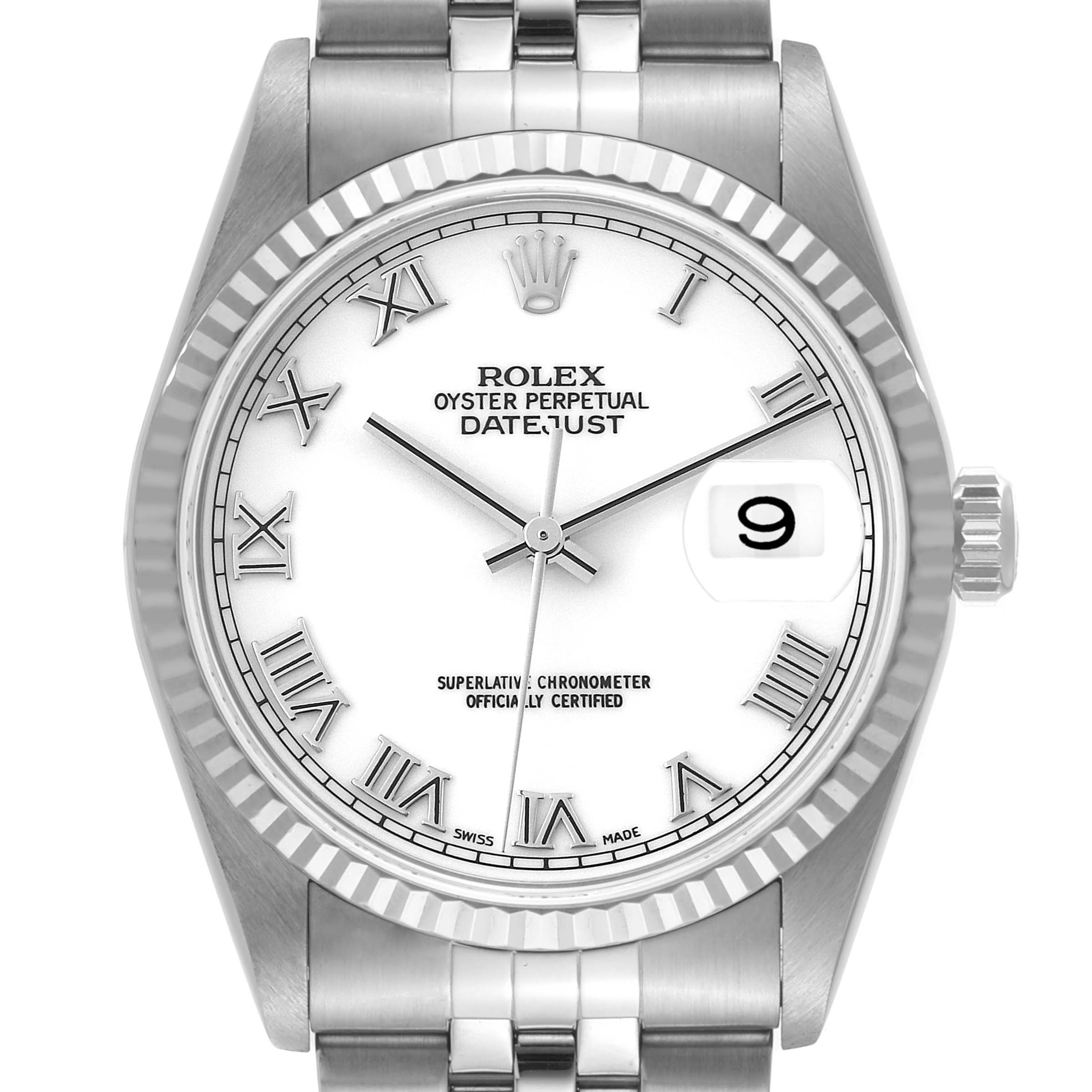 The image shows a front view of the face and upper part of the bracelet of the Rolex Datejust 16234 Men's Stainless Steel White Dial 16234 Men's Stainless Steel White Dial watch.