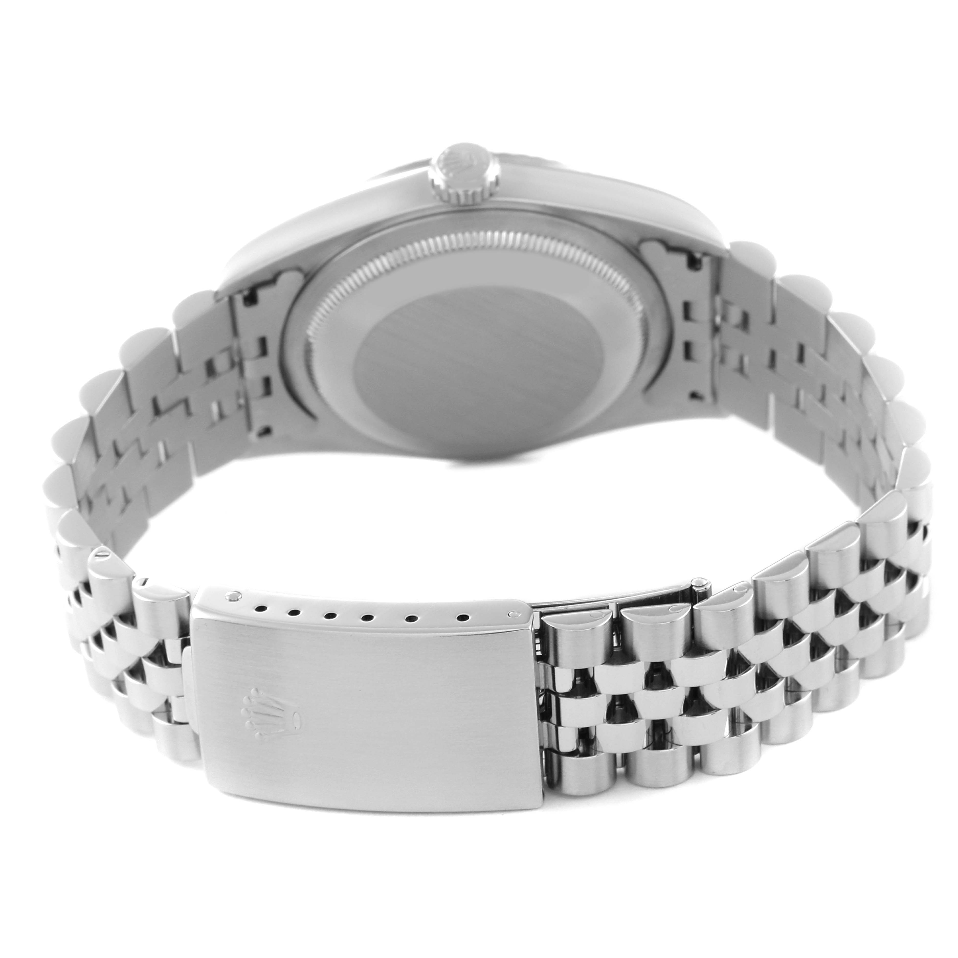 The image shows the back of the Rolex Datejust 16234 Men's Stainless Steel White Dial 16234 Men's Stainless Steel White Dial watch, focusing on the case back and jubilee bracelet with the clasp visible.