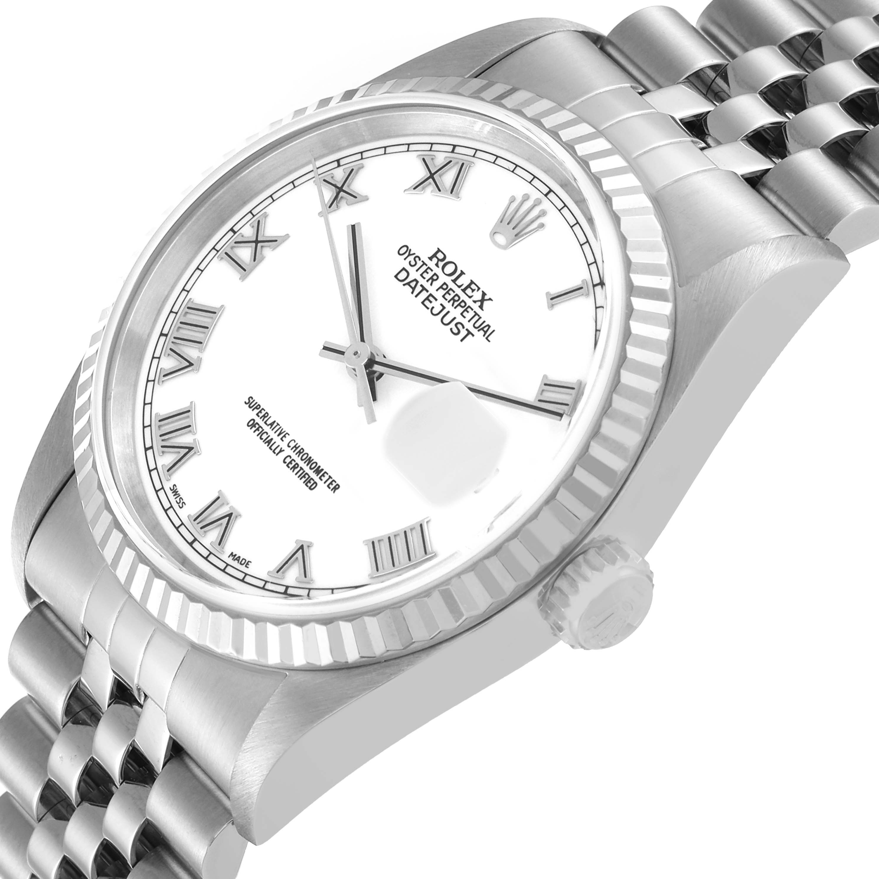 This image shows the dial, bezel, crown, and partially the bracelet of a Rolex Datejust 16234 Men's Stainless Steel White Dial 16234 Men's Stainless Steel White Dial watch, viewed from an angled perspective.