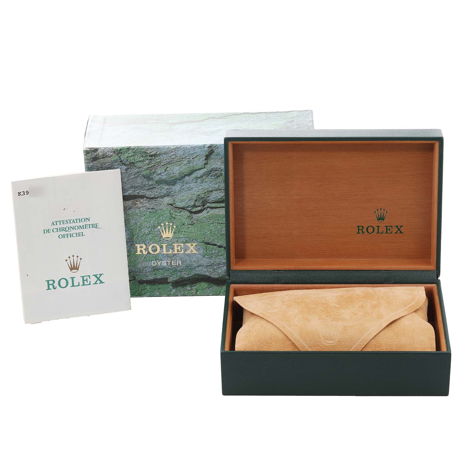 The image shows a Rolex Datejust 16234 Men's Stainless Steel White Dial 16234 Men's Stainless Steel White Dial packaging including an open watch box, outer box, and a booklet at a slight angle.