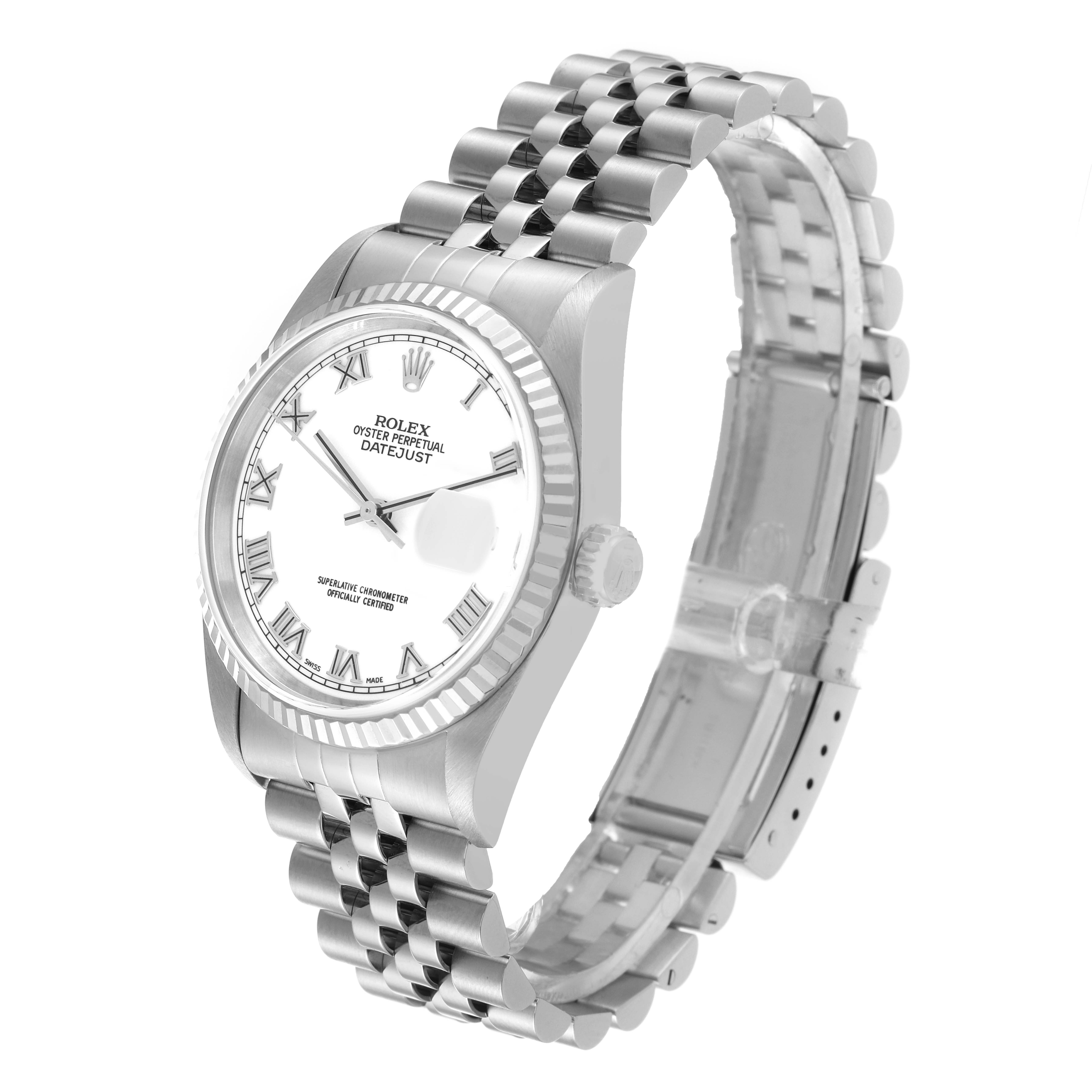 The image shows a Rolex Datejust 16234 Men's Stainless Steel White Dial 16234 Men's Stainless Steel White Dial watch at a three-quarter angle, displaying the face, bezel, crown, and part of the bracelet.