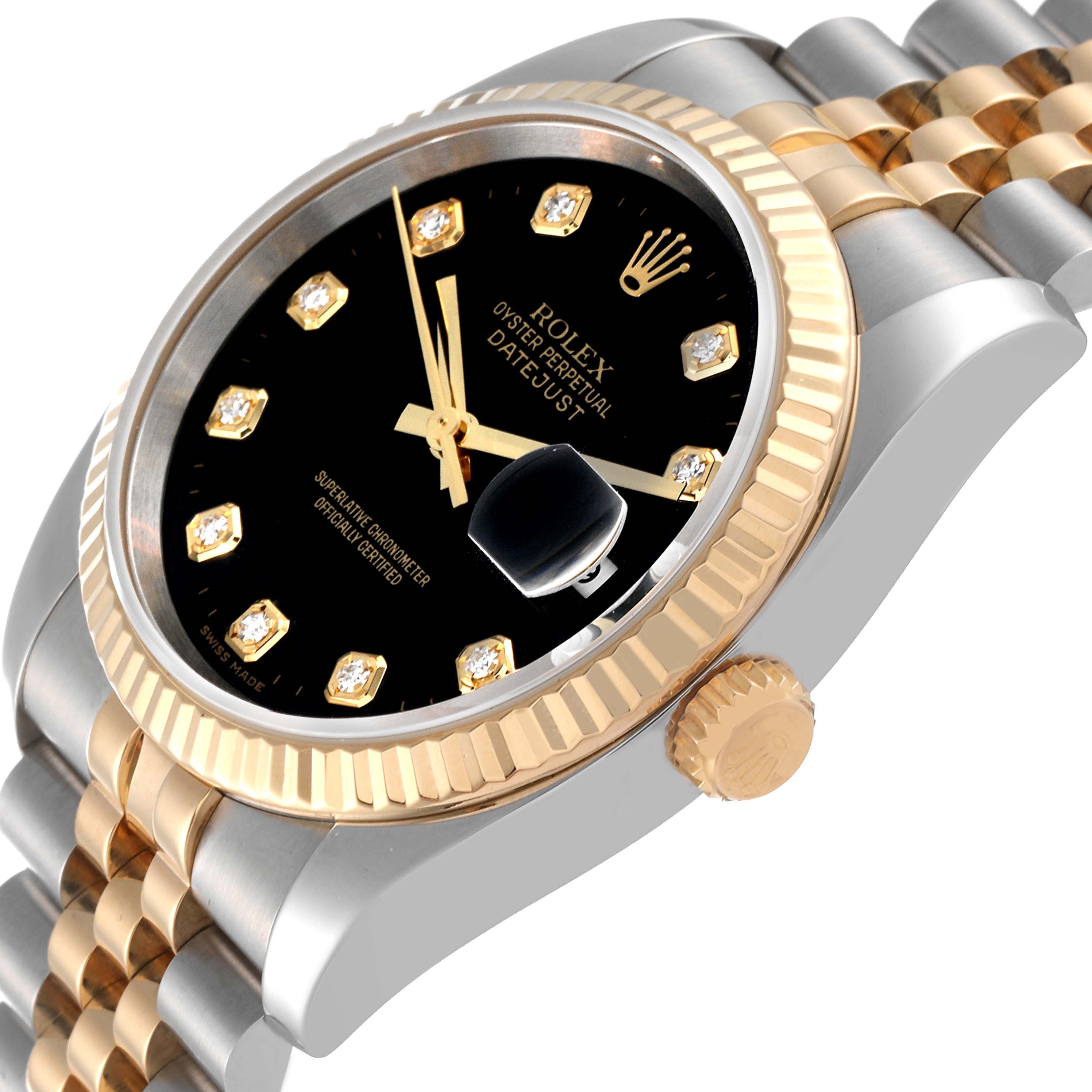 The image shows a close-up side angle of the Rolex Datejust 116233 Men's Steel and Gold (two tone) Black Dial 116233 Men's Steel and Gold (two tone) Black Dial watch, highlighting the bezel, dial, crown, and part of the bracelet.