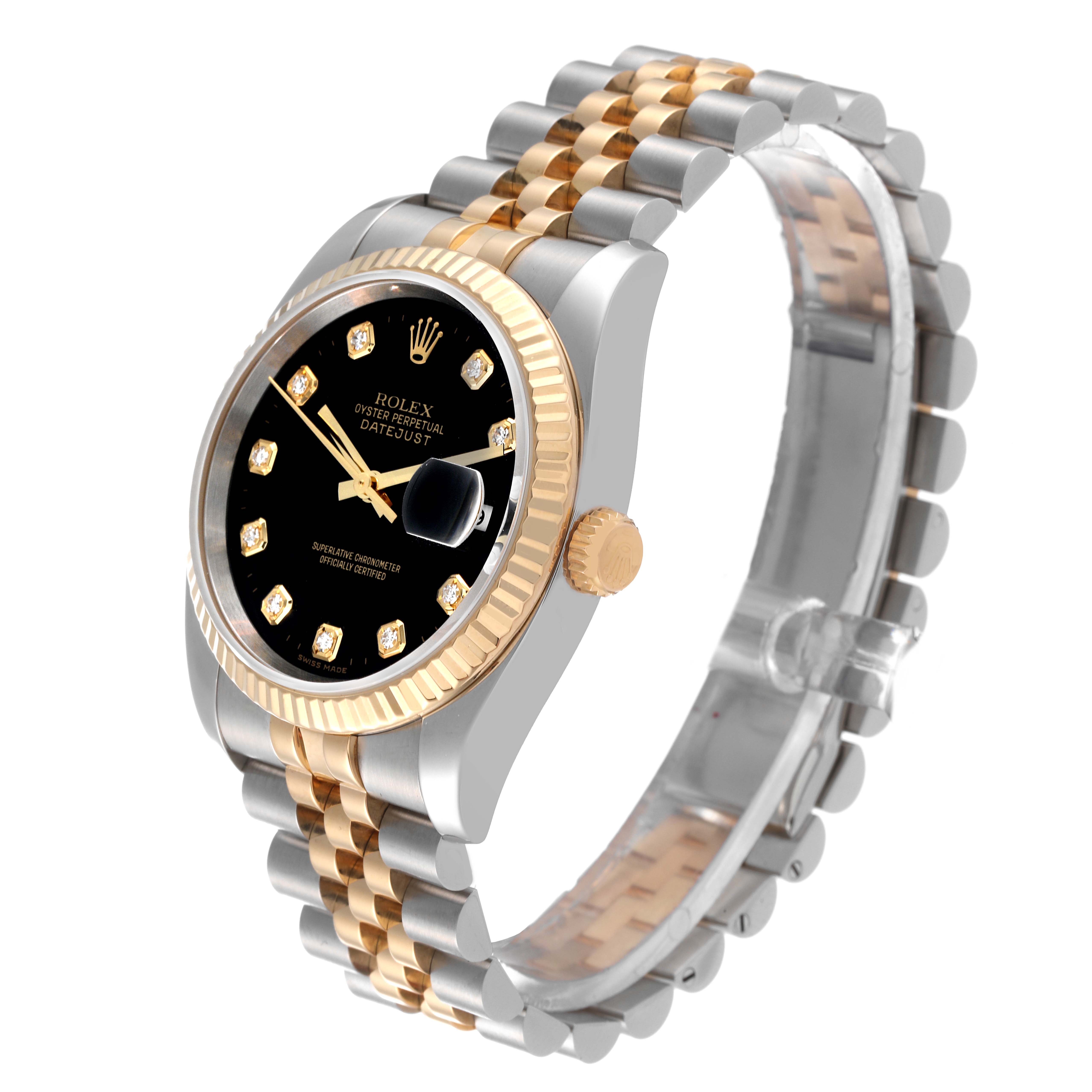 The image shows a Rolex Datejust 116233 Men's Steel and Gold (two tone) Black Dial 116233 Men's Steel and Gold (two tone) Black Dial watch at a three-quarter angle, highlighting the dial, fluted bezel, crown, and Jubilee bracelet.