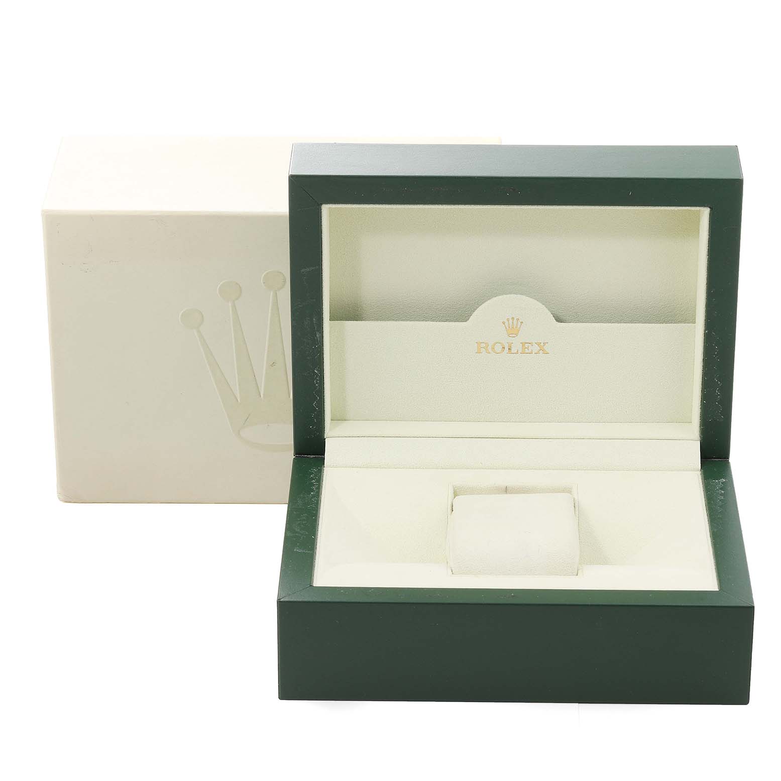 This image shows an open green and beige watch box for a Rolex Datejust 116233 Men's Steel and Gold (two tone) Black Dial 116233 Men's Steel and Gold (two tone) Black Dial, with an outer cardboard box behind it.