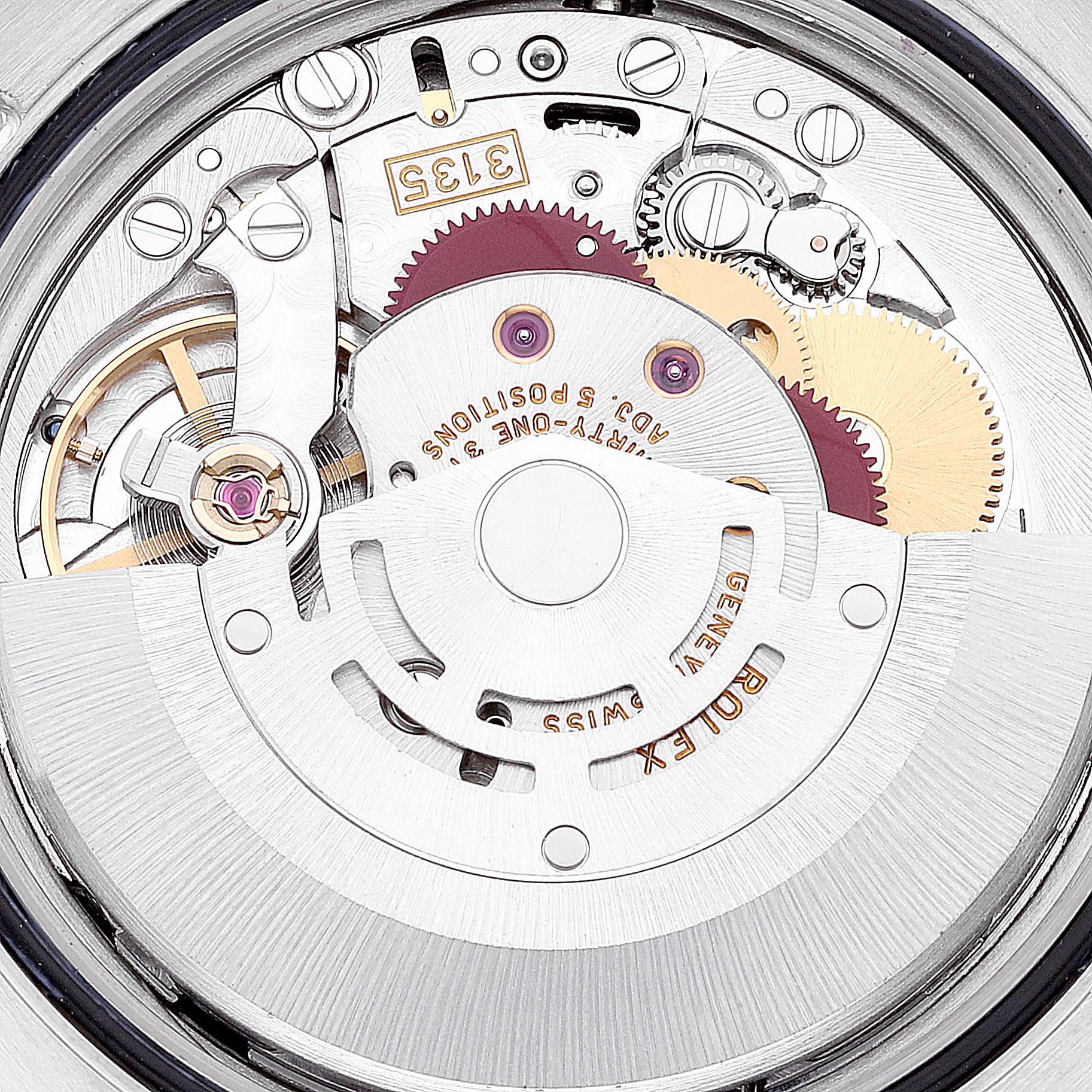 This image shows the intricate mechanical movement parts of a Rolex Datejust 116233 Men's Steel and Gold (two tone) Black Dial 116233 Men's Steel and Gold (two tone) Black Dial watch, viewed from the back.
