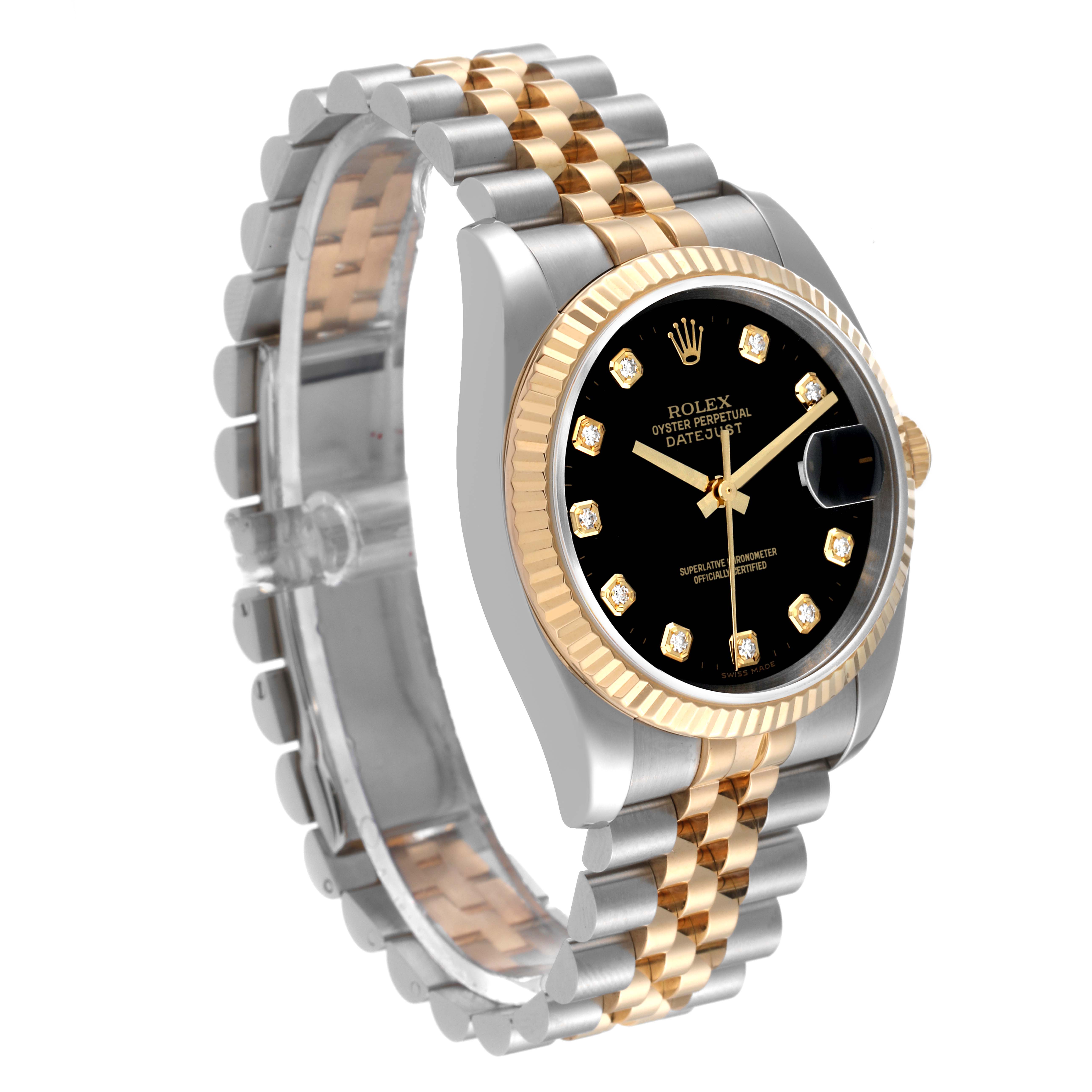 The Rolex Datejust 116233 Men's Steel and Gold (two tone) Black Dial 116233 Men's Steel and Gold (two tone) Black Dial watch is shown at an oblique angle, highlighting its black dial, fluted bezel, and two-tone Jubilee bracelet.