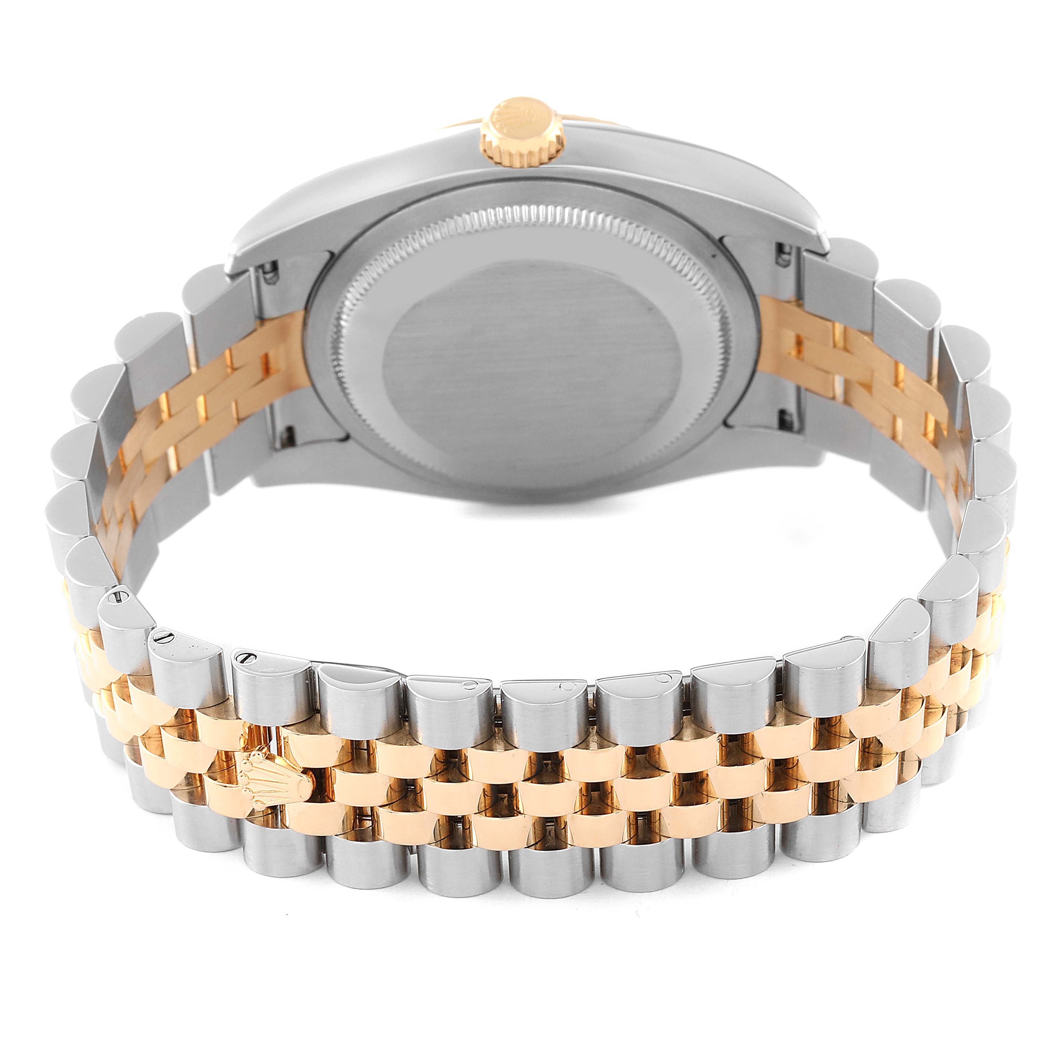 This image shows the case back and two-tone bracelet of a Rolex Datejust 116233 Men's Steel and Gold (two tone) Black Dial 116233 Men's Steel and Gold (two tone) Black Dial watch, viewed from the rear angle.