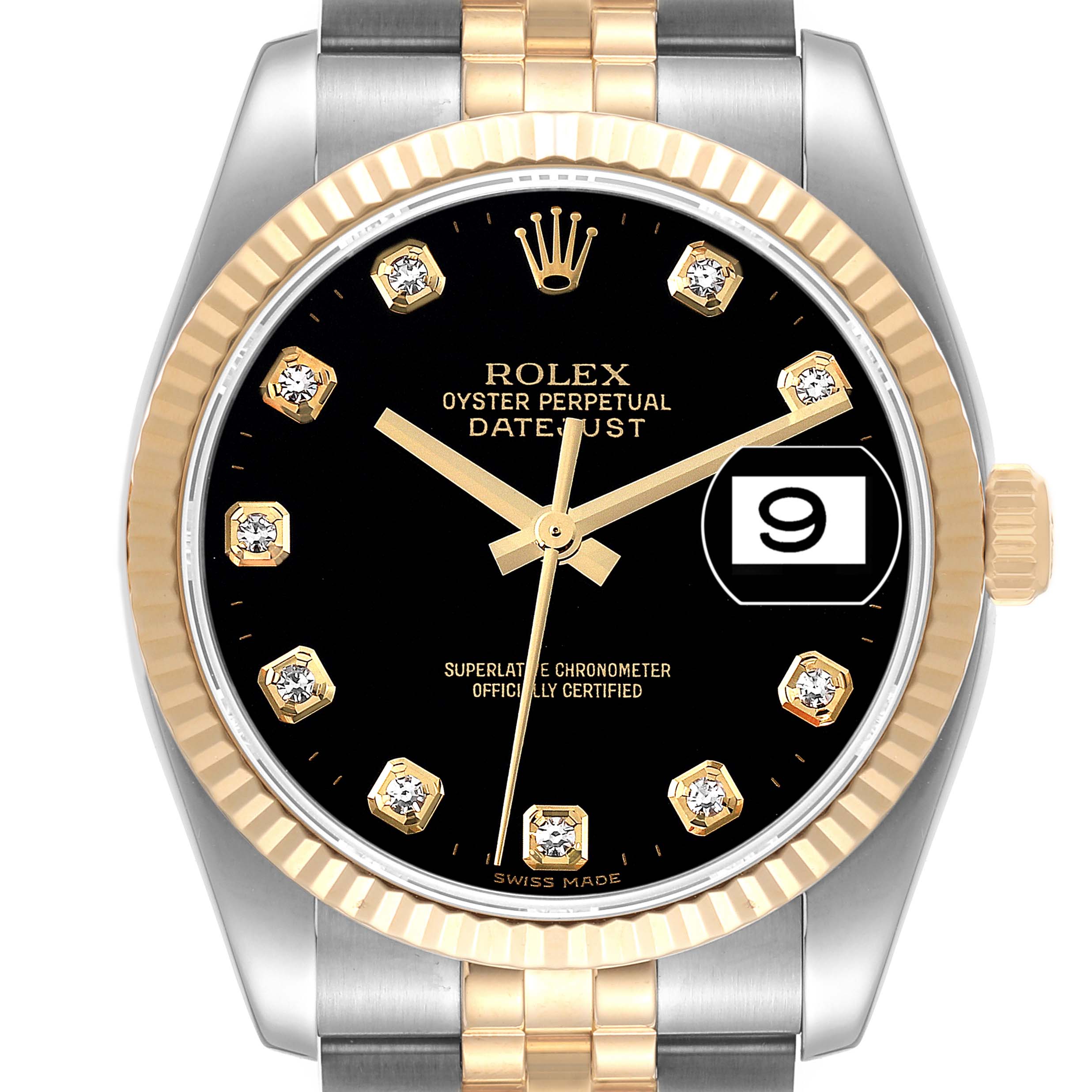 This image shows a front view of a Rolex Datejust 116233 Men's Steel and Gold (two tone) Black Dial 116233 Men's Steel and Gold (two tone) Black Dial watch, highlighting its black dial, gold markers, date window, and two-tone bracelet.