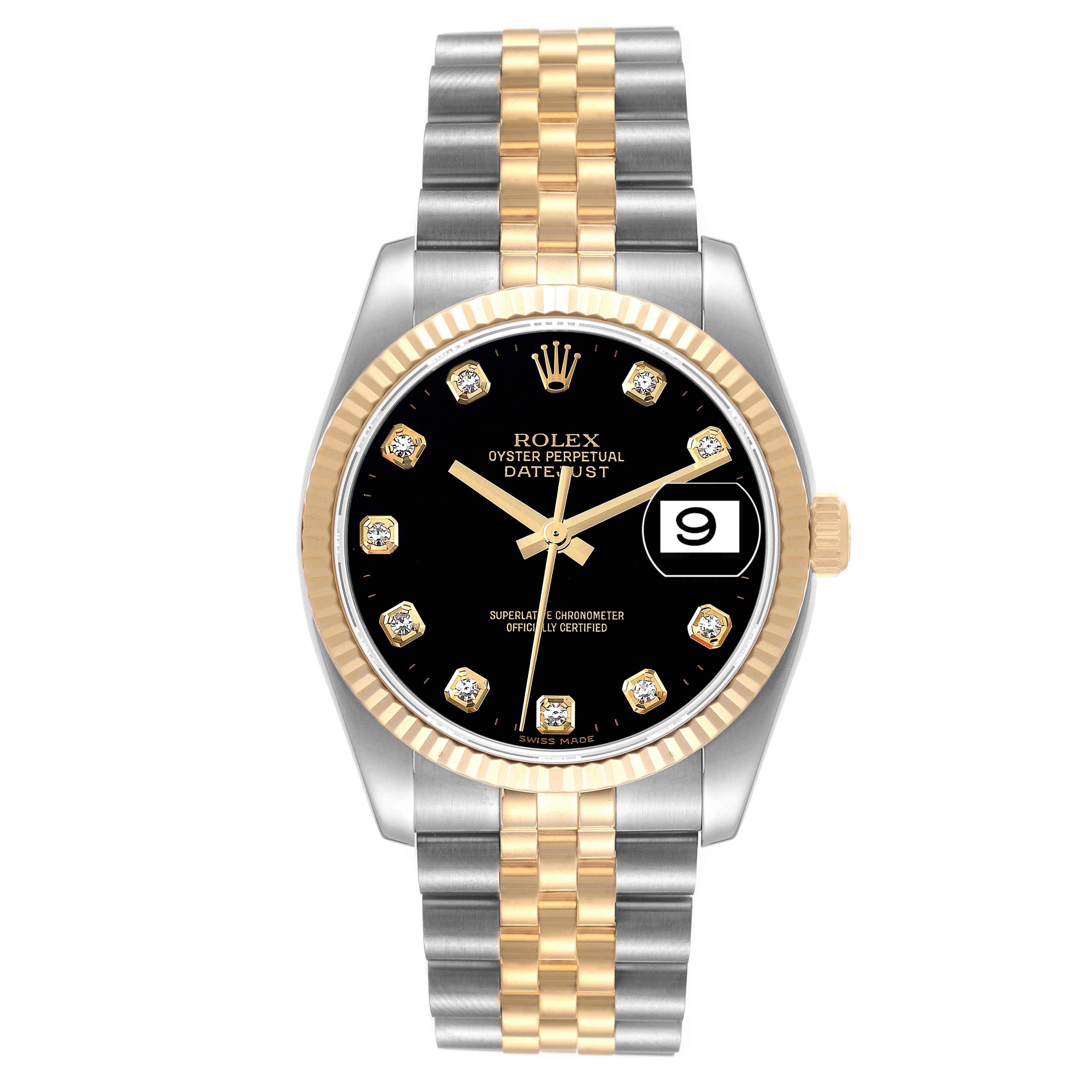 This image shows a front view of the Rolex Datejust 116233 Men's Steel and Gold (two tone) Black Dial 116233 Men's Steel and Gold (two tone) Black Dial watch, displaying the dial, bezel, crown, and two-tone bracelet.