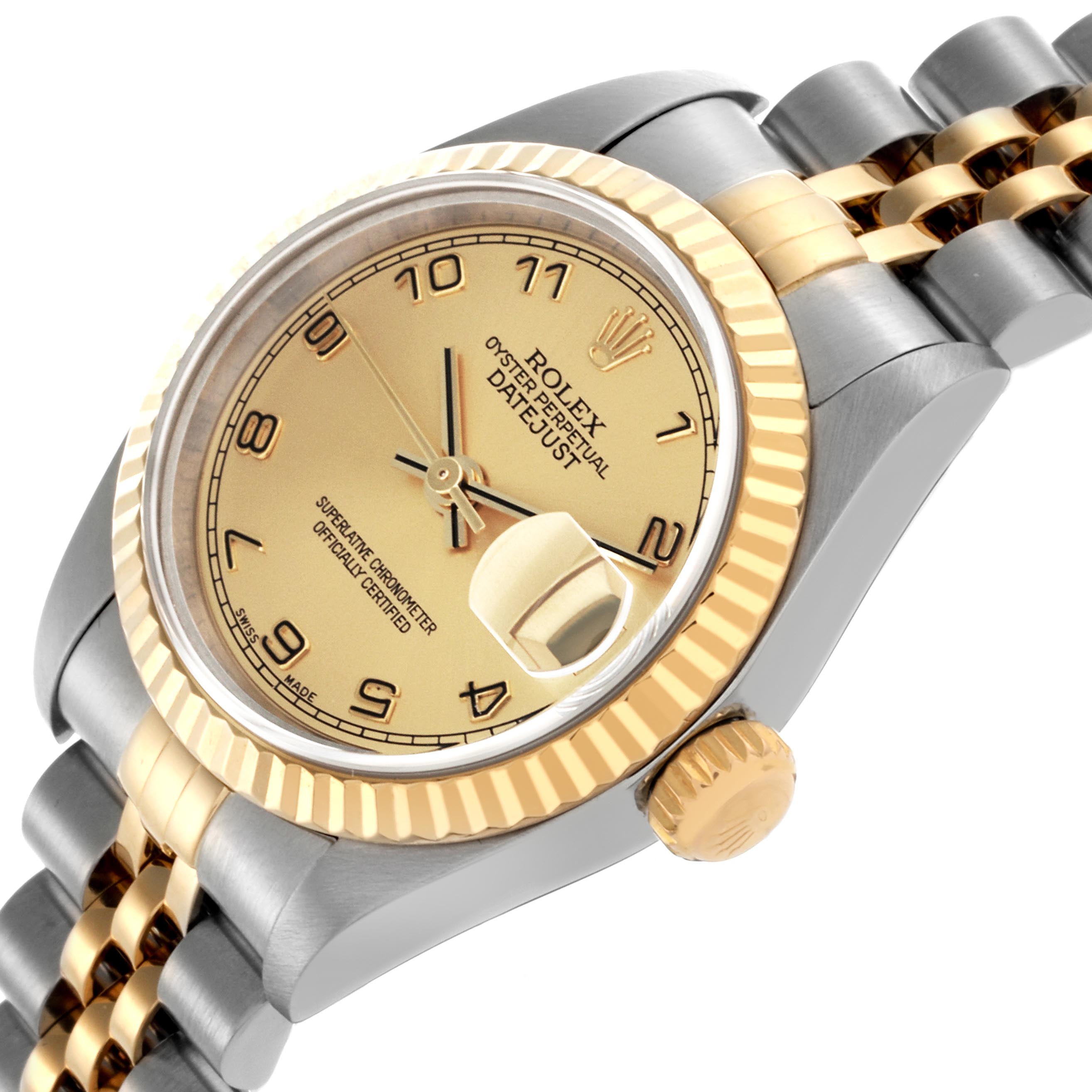 The Rolex Datejust 79173 Women's Steel and Gold (two tone) Champagne Dial 79173 Women's Steel and Gold (two tone) Champagne Dial is shown at an angled side view, highlighting the bezel, dial, crown, and partial bracelet.