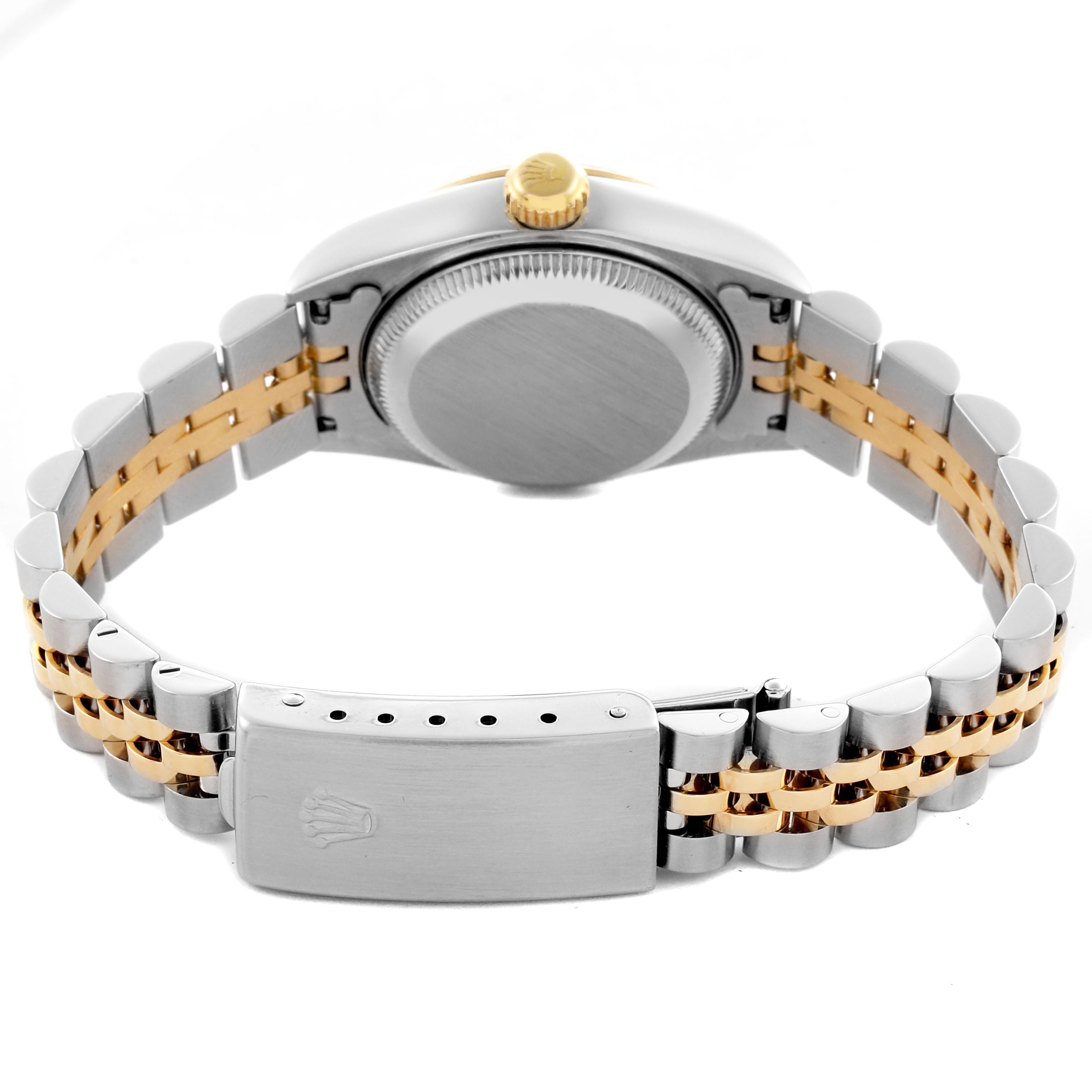 The image shows the back view of a Rolex Datejust 79173 Women's Steel and Gold (two tone) Champagne Dial 79173 Women's Steel and Gold (two tone) Champagne Dial watch, highlighting the bracelet, clasp, and case back.