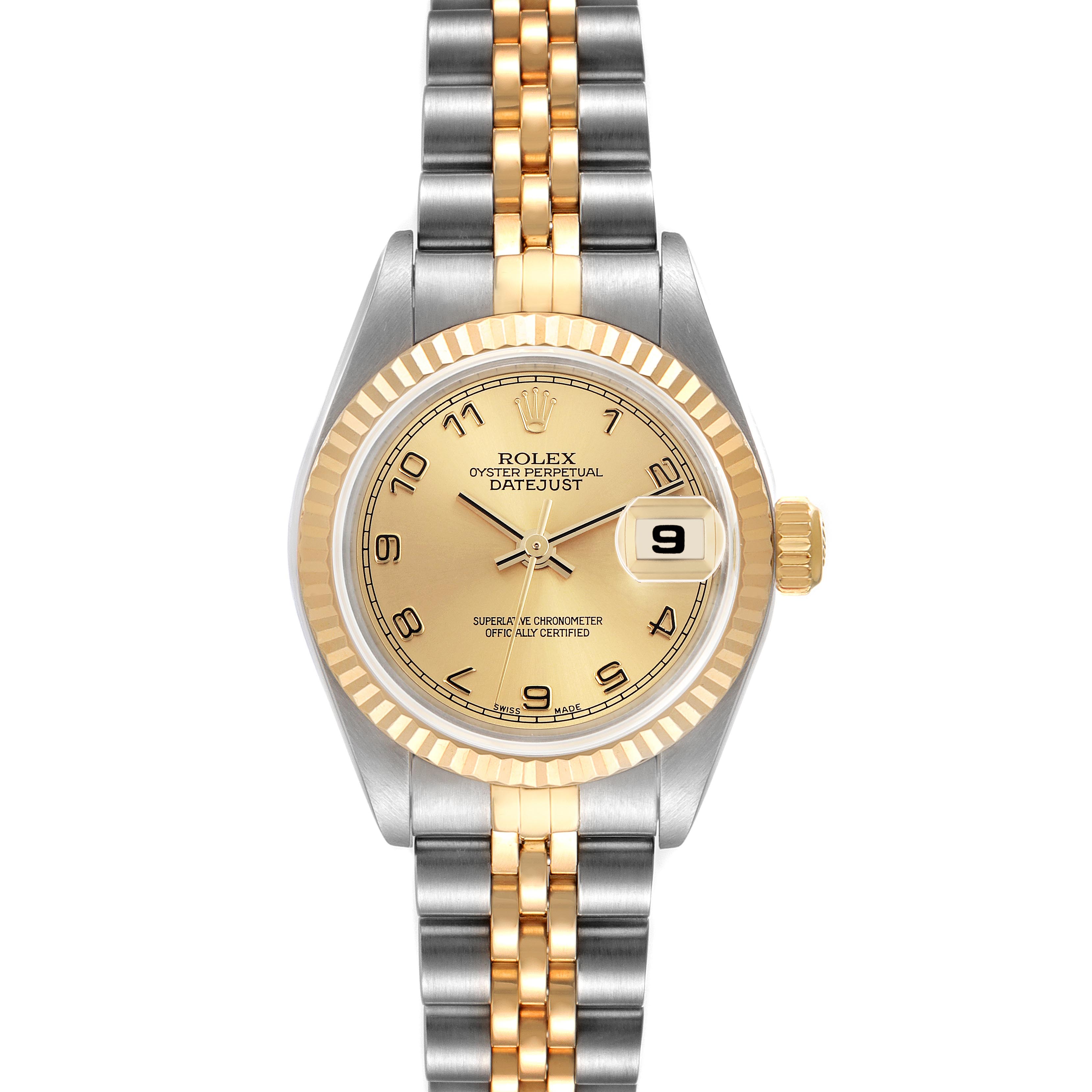 The Rolex Datejust 79173 Women's Steel and Gold (two tone) Champagne Dial 79173 Women's Steel and Gold (two tone) Champagne Dial is shown from a top-down angle, displaying the face, bezel, and two-tone bracelet.