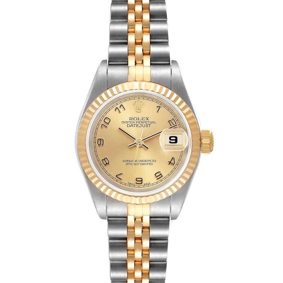 The Rolex Datejust is shown from a top-down angle, displaying the face, bezel, and two-tone bracelet.