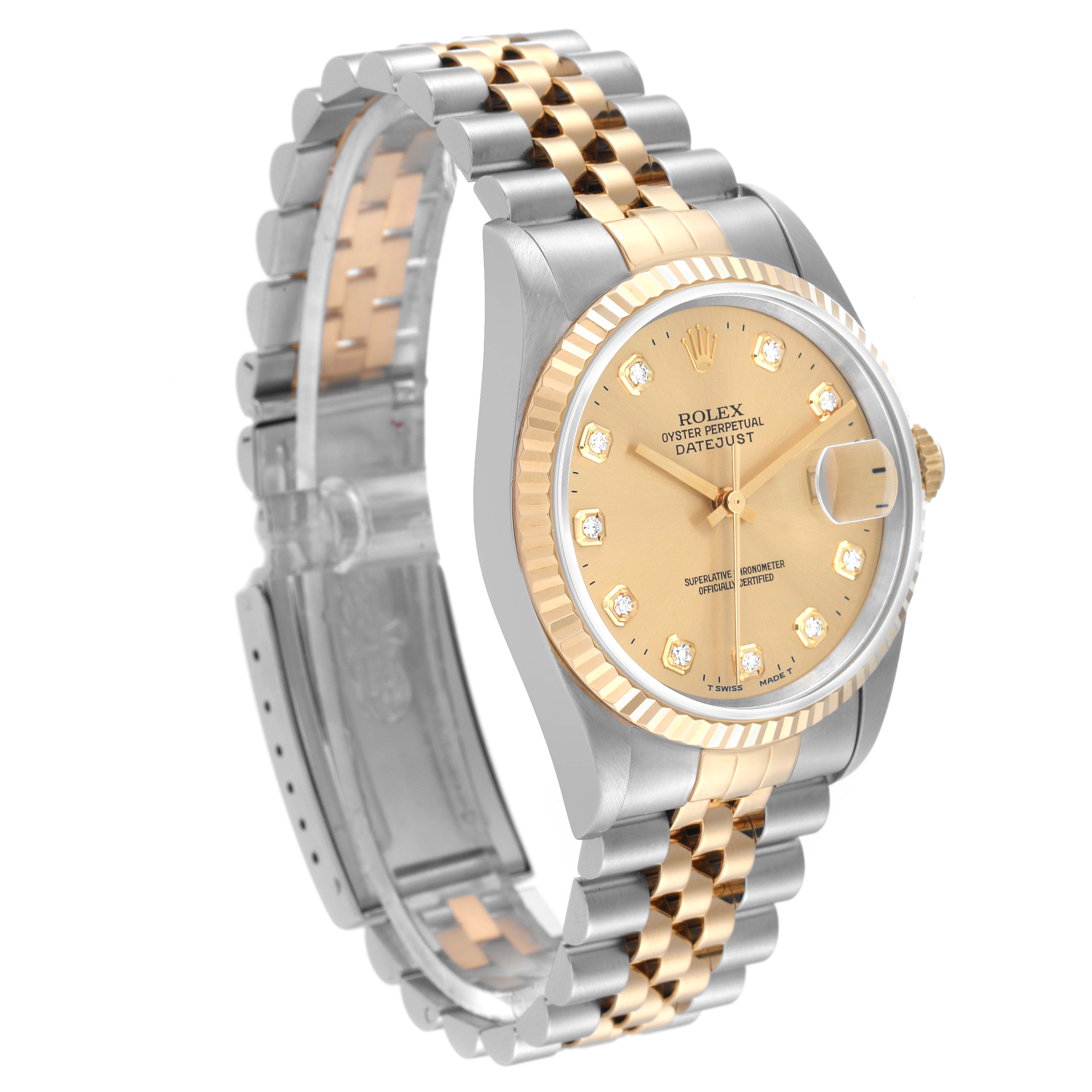 The Rolex Datejust 16233 Men's Steel and Gold (two tone) Champagne Dial 16233 Men's Steel and Gold (two tone) Champagne Dial watch is shown at a three-quarter angle, featuring the face, bezel, and metal bracelet.
