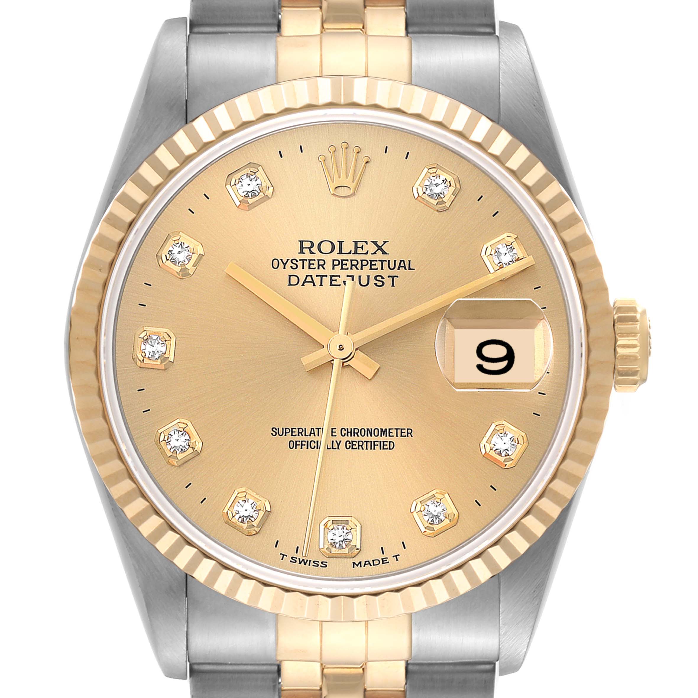 This is a front view of a Rolex Datejust 16233 Men's Steel and Gold (two tone) Champagne Dial 16233 Men's Steel and Gold (two tone) Champagne Dial watch, showing the dial, indices, date window, and part of the bracelet.
