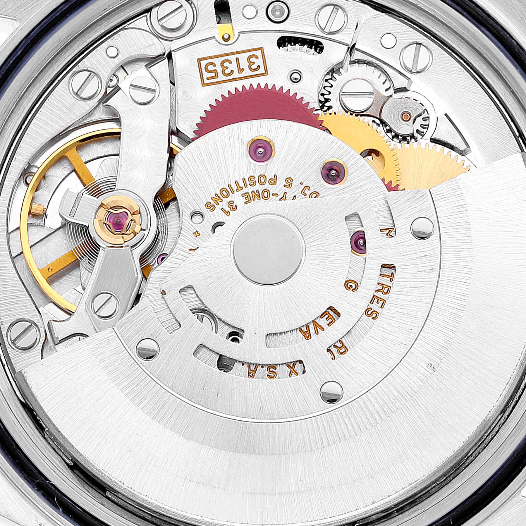 This image shows the movement and internal components of a Rolex Datejust 16233 Men's Steel and Gold (two tone) Champagne Dial 16233 Men's Steel and Gold (two tone) Champagne Dial watch from an overhead angle.