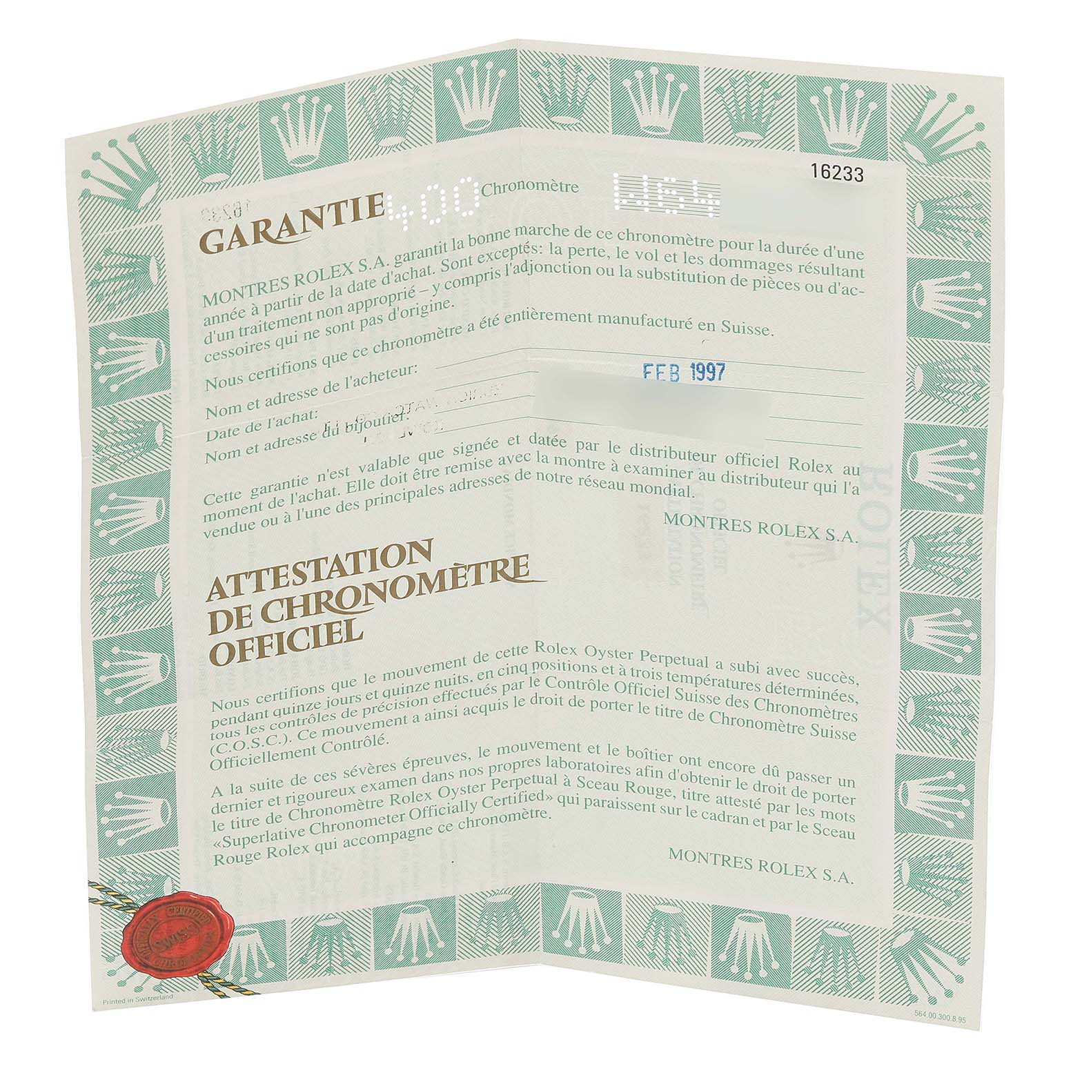 The image shows warranty and certification papers for the Rolex Datejust 16233 Men's Steel and Gold (two tone) Champagne Dial 16233 Men's Steel and Gold (two tone) Champagne Dial watch, partially folded, with text and a seal.