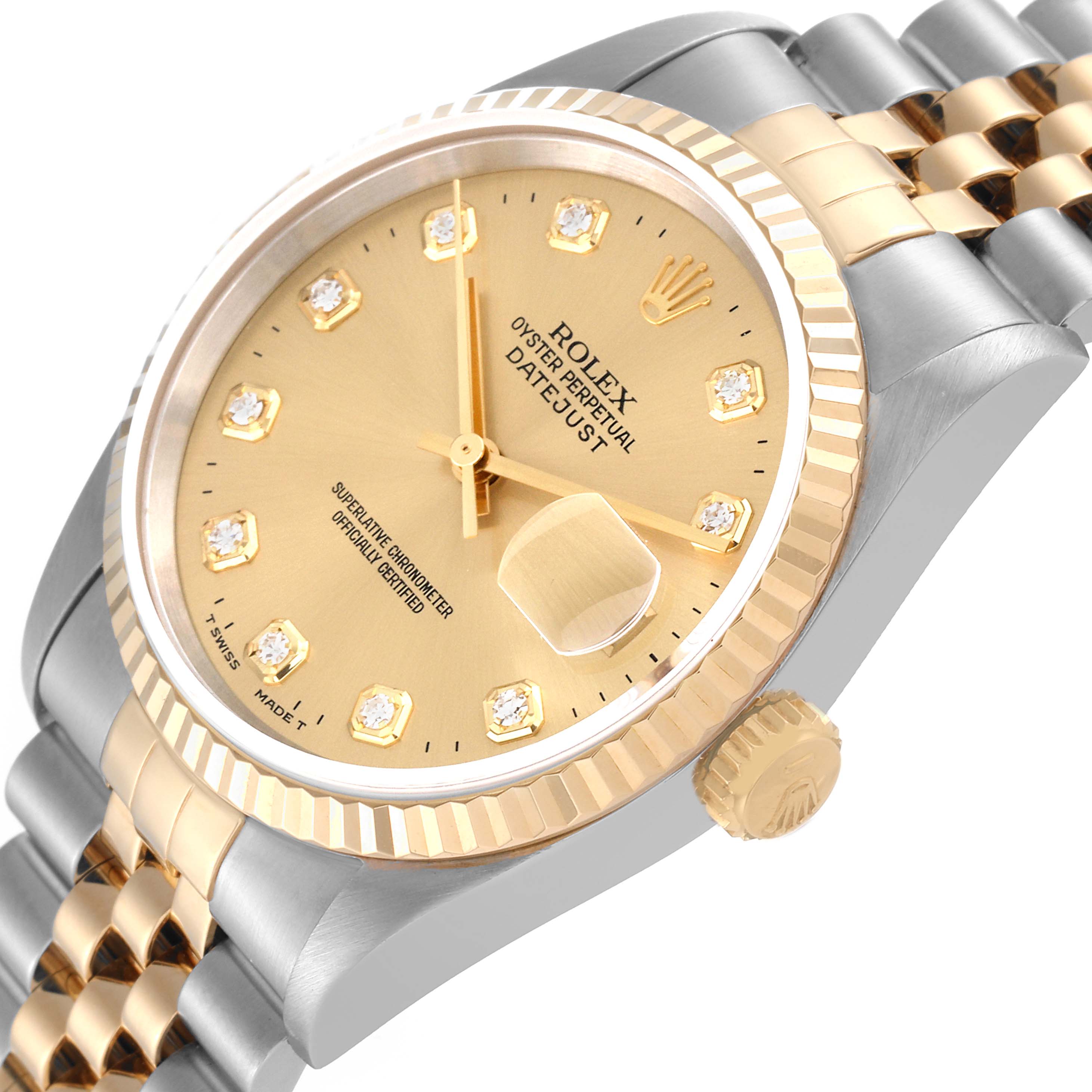 The image shows a Rolex Datejust 16233 Men's Steel and Gold (two tone) Champagne Dial 16233 Men's Steel and Gold (two tone) Champagne Dial watch at an angle, highlighting the gold dial, date magnifier, and two-tone bracelet.