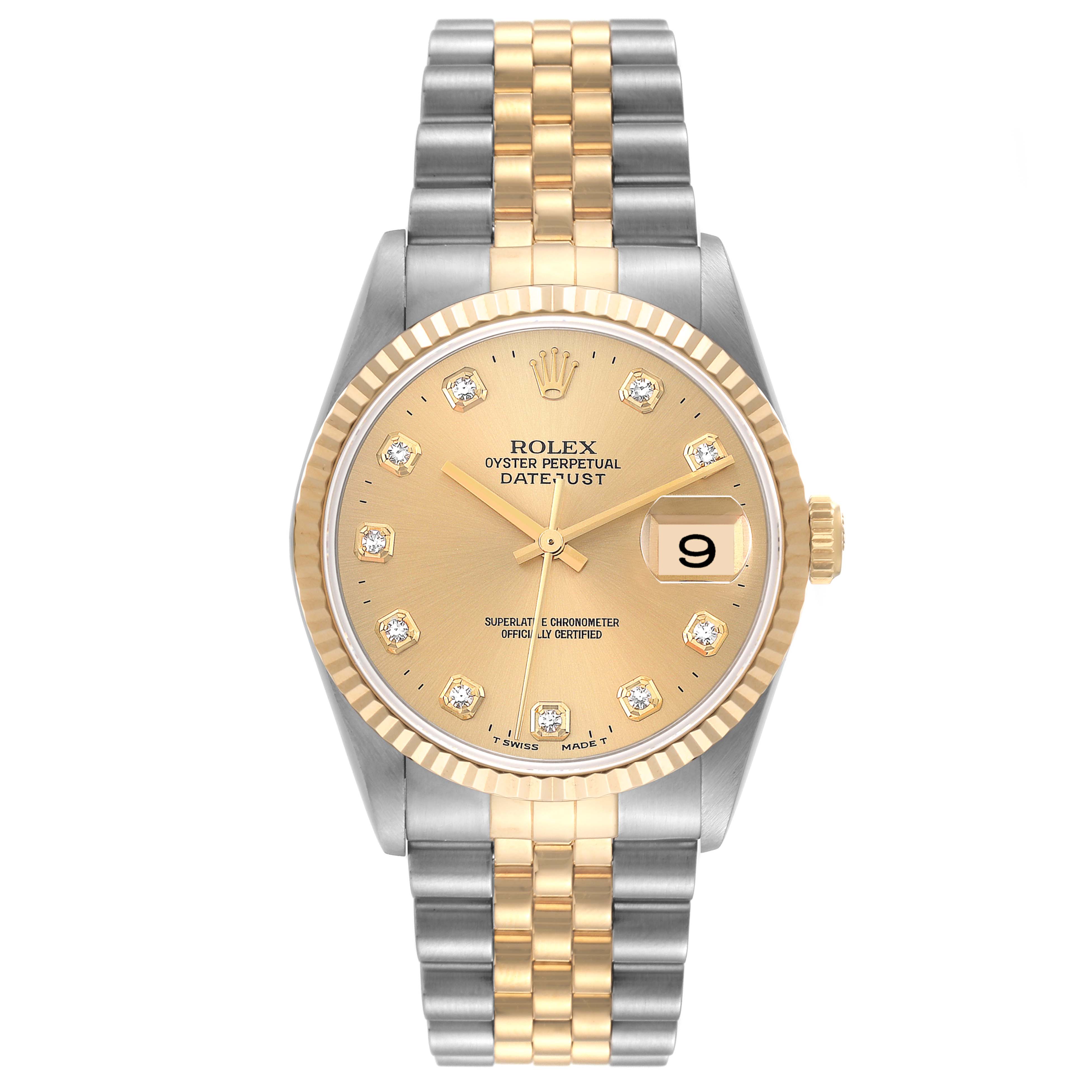 The Rolex Datejust 16233 Men's Steel and Gold (two tone) Champagne Dial 16233 Men's Steel and Gold (two tone) Champagne Dial watch is shown from a front angle, highlighting the face, bezel, crown, and two-tone bracelet.