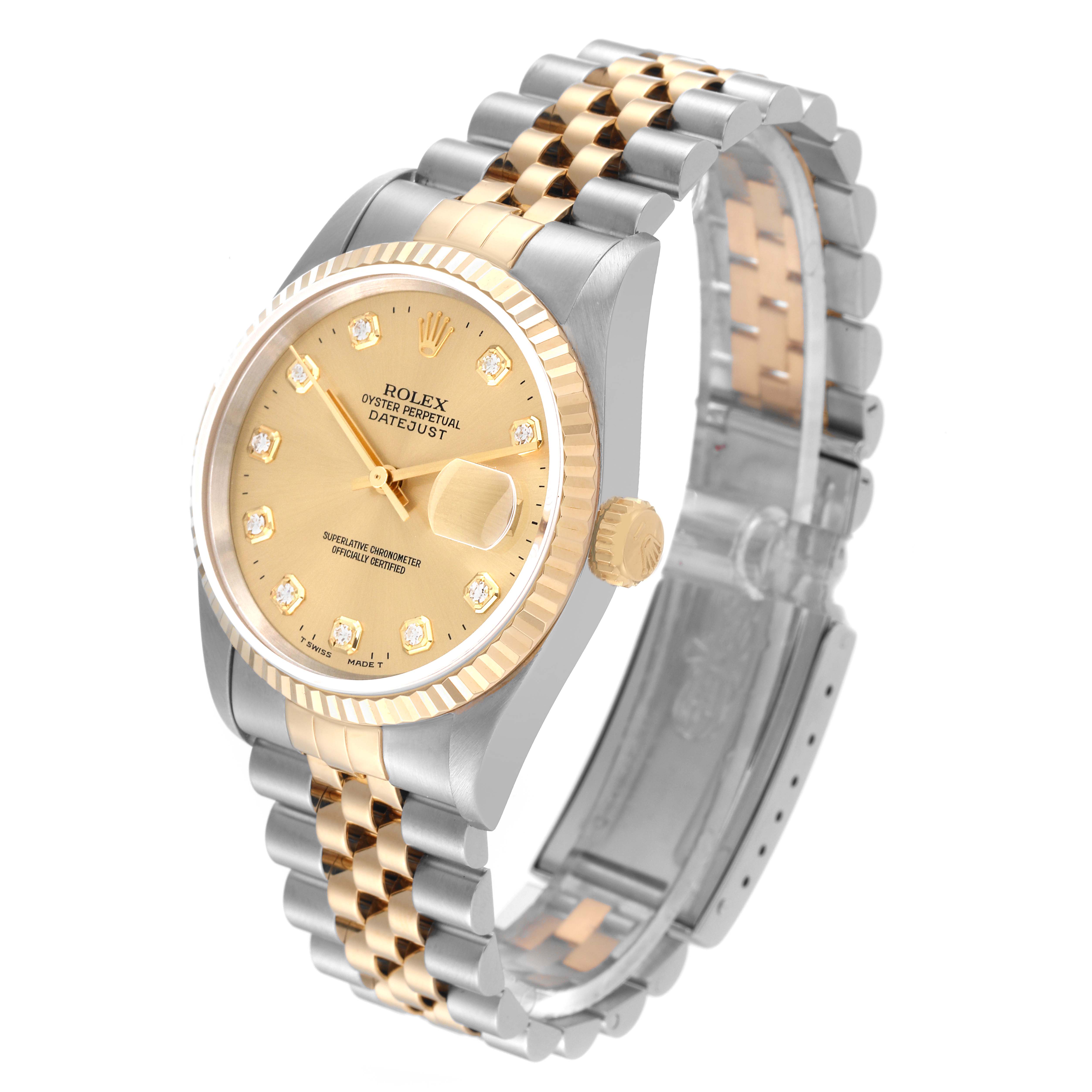 This image shows a Rolex Datejust 16233 Men's Steel and Gold (two tone) Champagne Dial 16233 Men's Steel and Gold (two tone) Champagne Dial watch at an angle displaying its face, crown, and Jubilee bracelet.