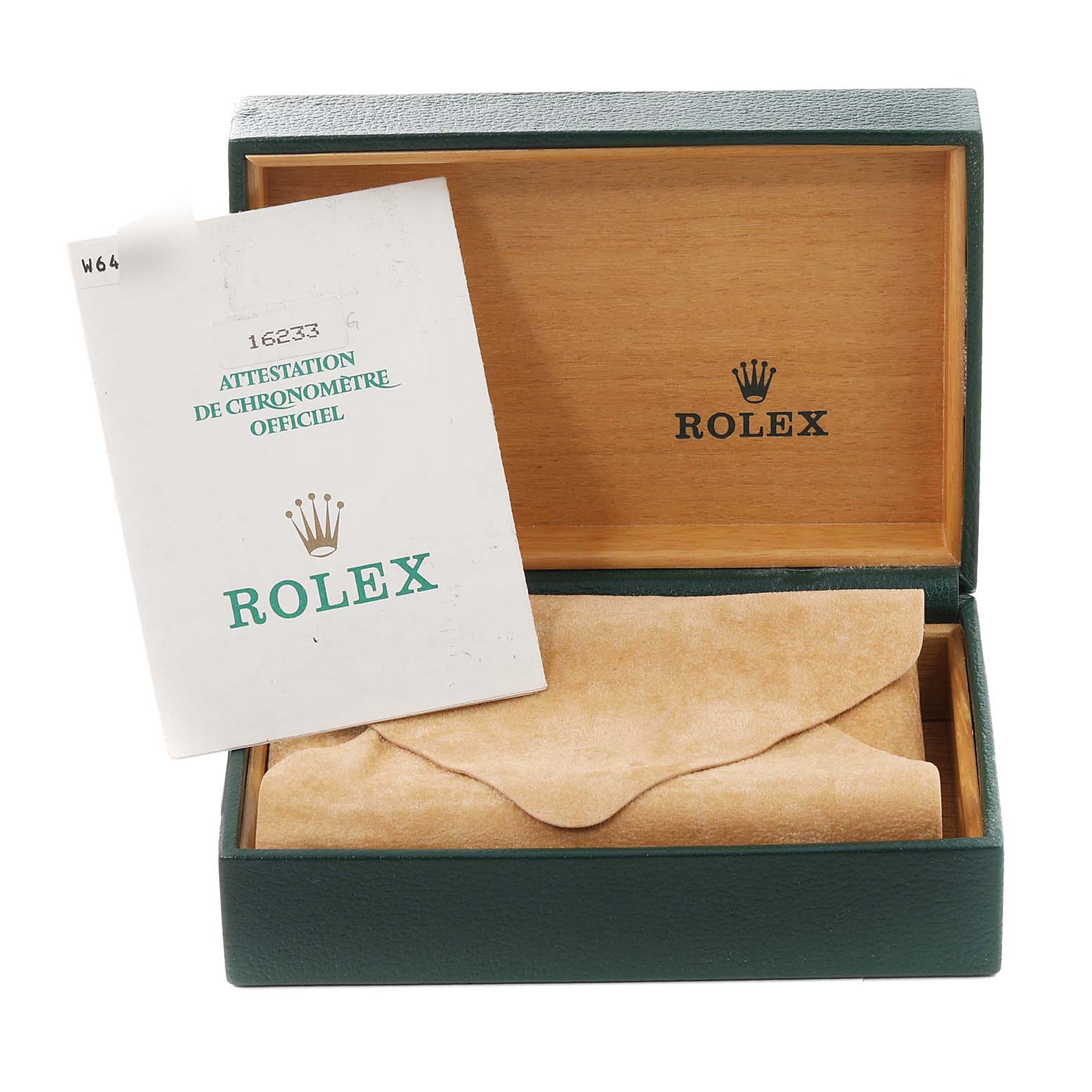 The image shows the open box and a certificate of the Rolex Datejust 16233 Men's Steel and Gold (two tone) Champagne Dial 16233 Men's Steel and Gold (two tone) Champagne Dial model, with the watch inside a suede pouch.