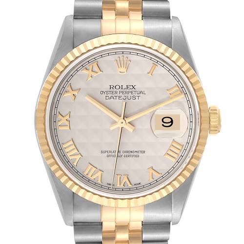 Photo of Rolex Datejust Steel Yellow Gold Ivory Pyramid Dial Mens Watch 16233 Box Papers
